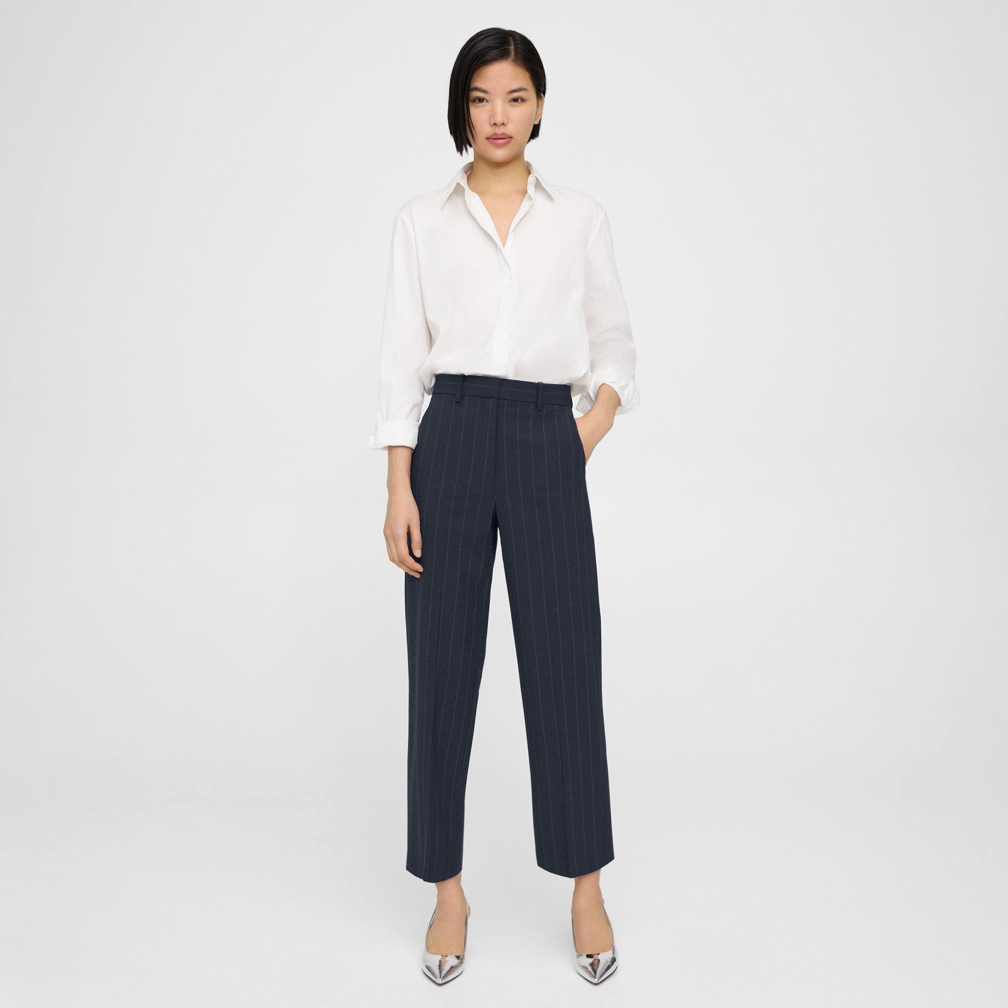 Theory High-waist Straight-leg Pant In Striped Stretch Wool In Deep Navy