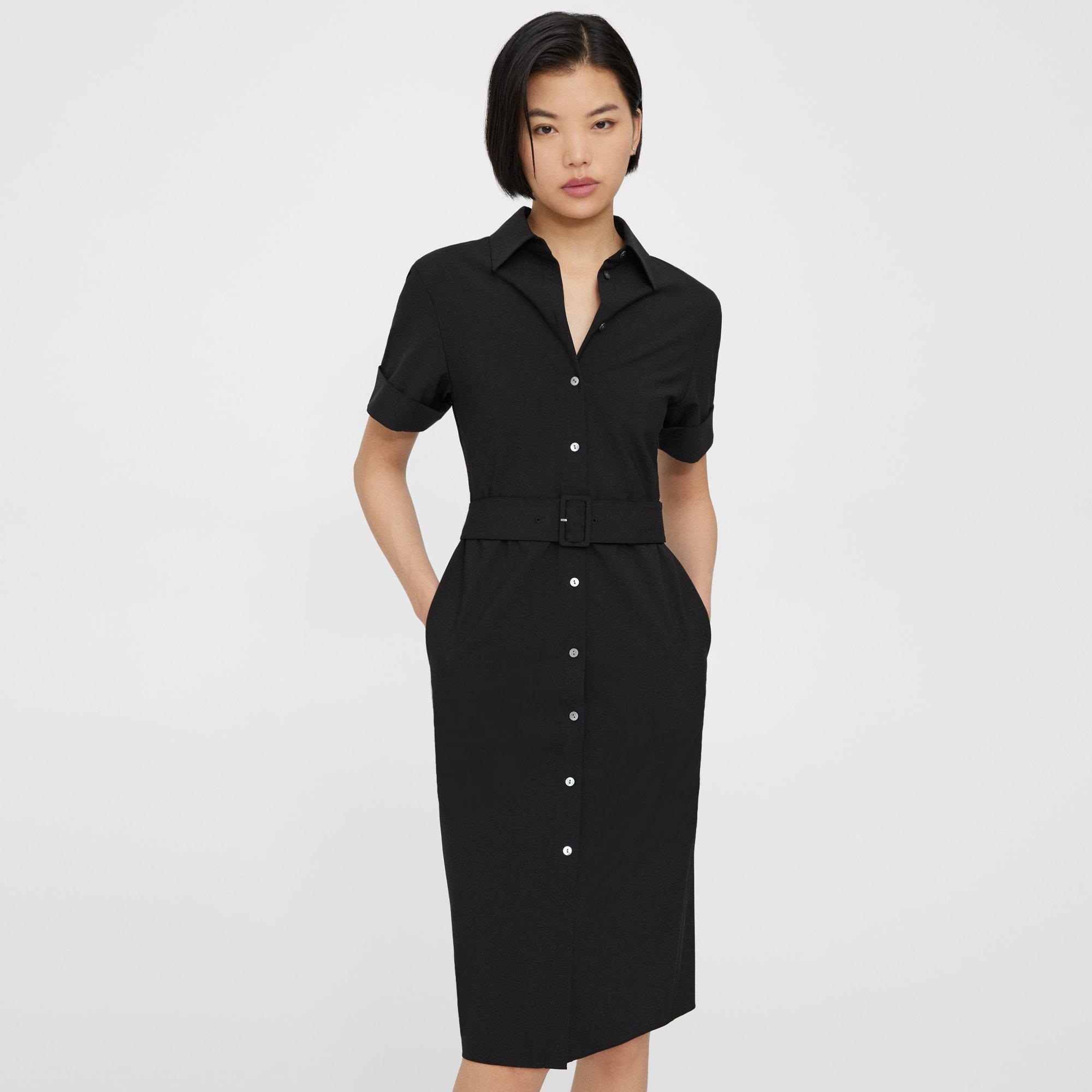 Theory Belted Shirt Dress In Good Wool In Black