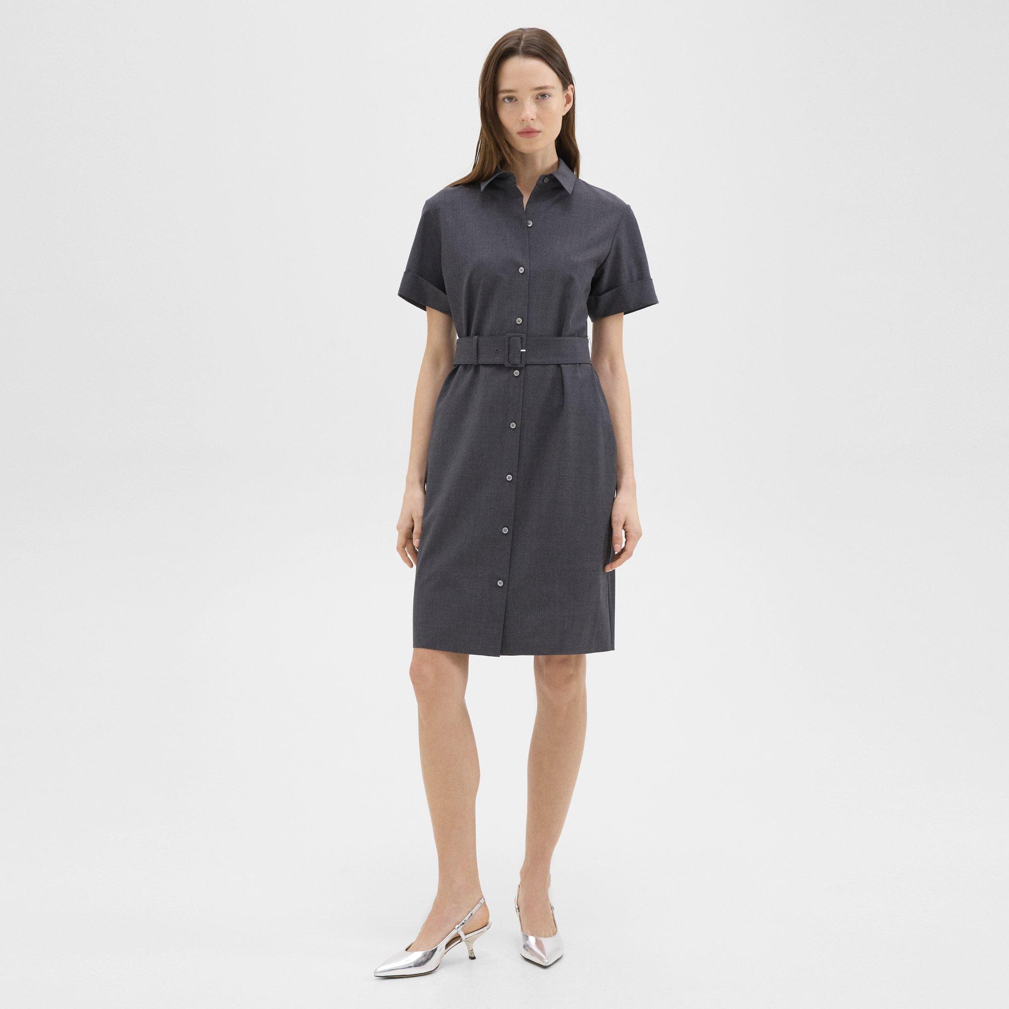 Shop Theory Belted Shirt Dress In Good Wool In Charcoal Melange