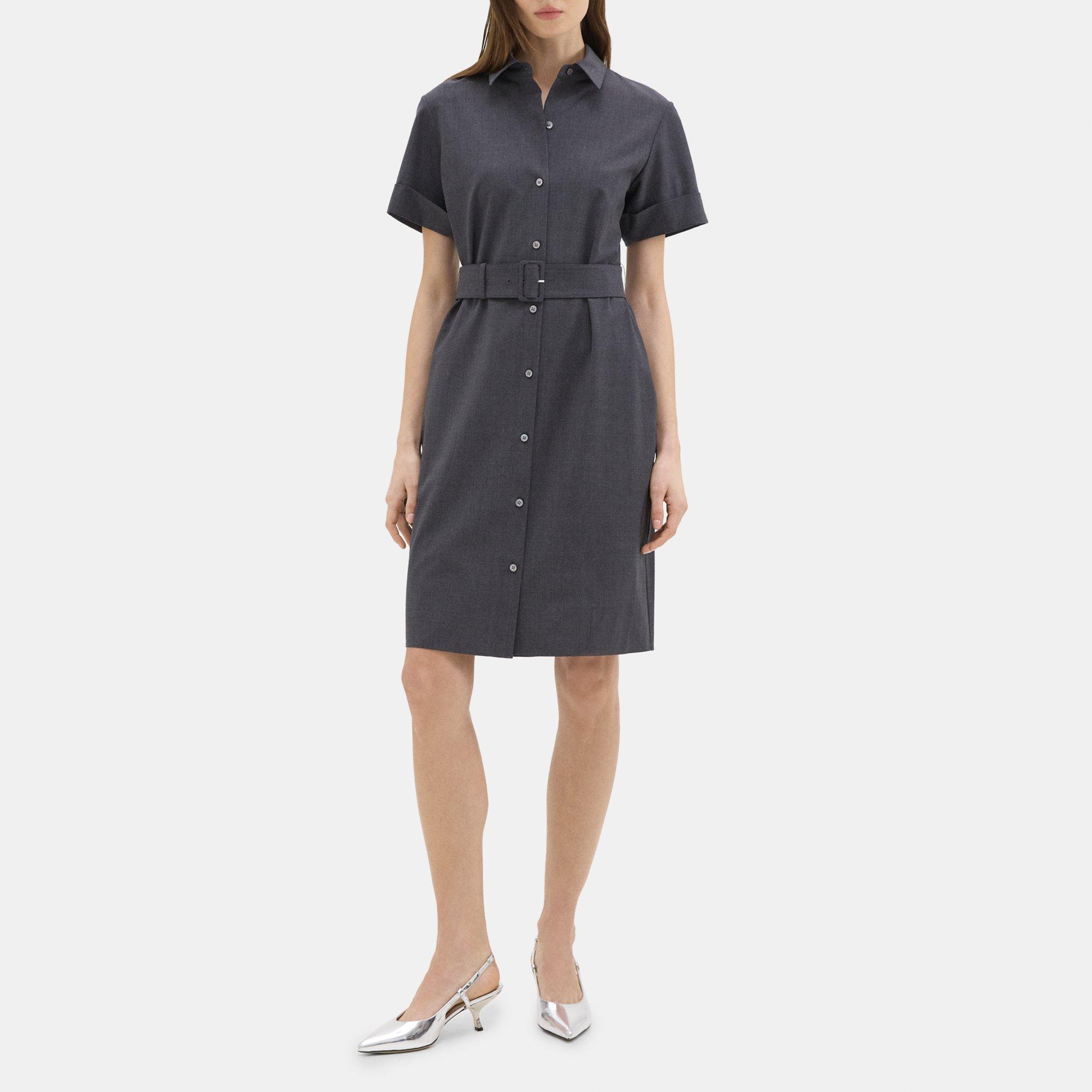 Shop Theory Belted Shirt Dress In Good Wool In Charcoal Melange