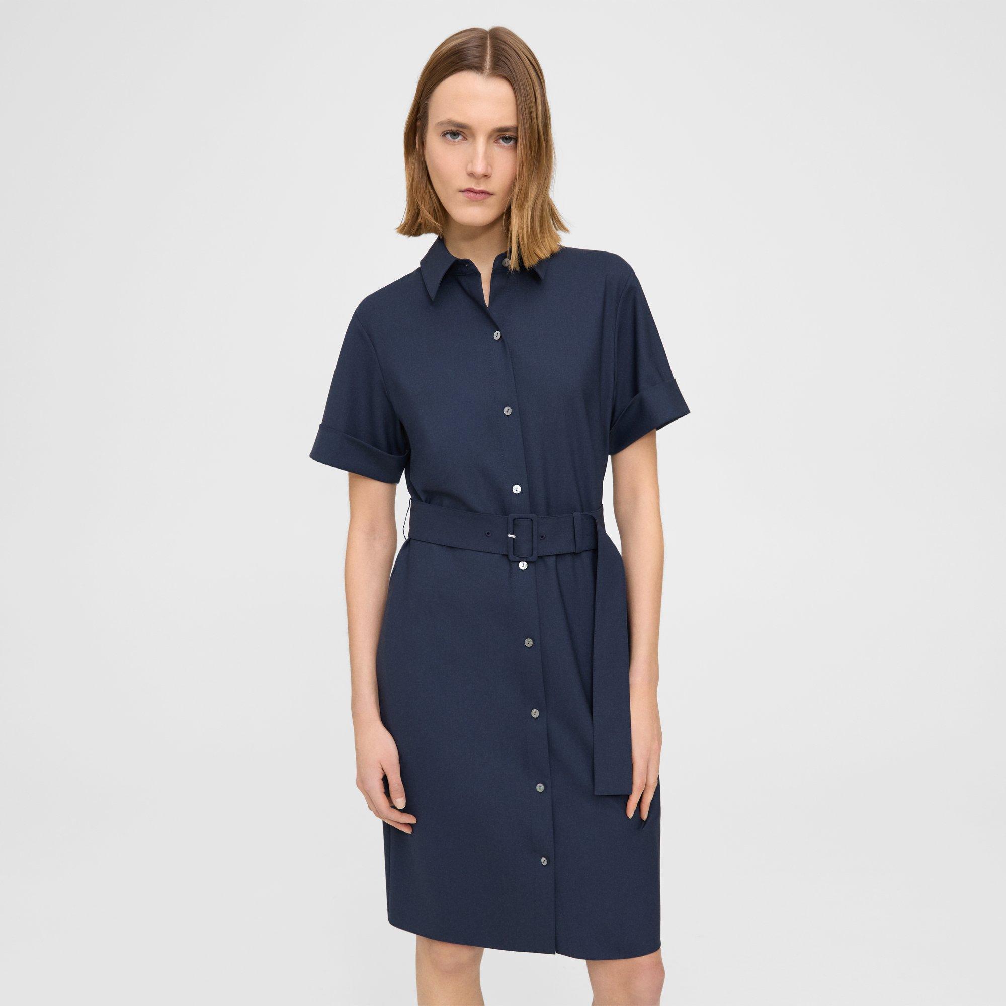 Theory Belted Shirt Dress In Good Wool In Nocturne Navy
