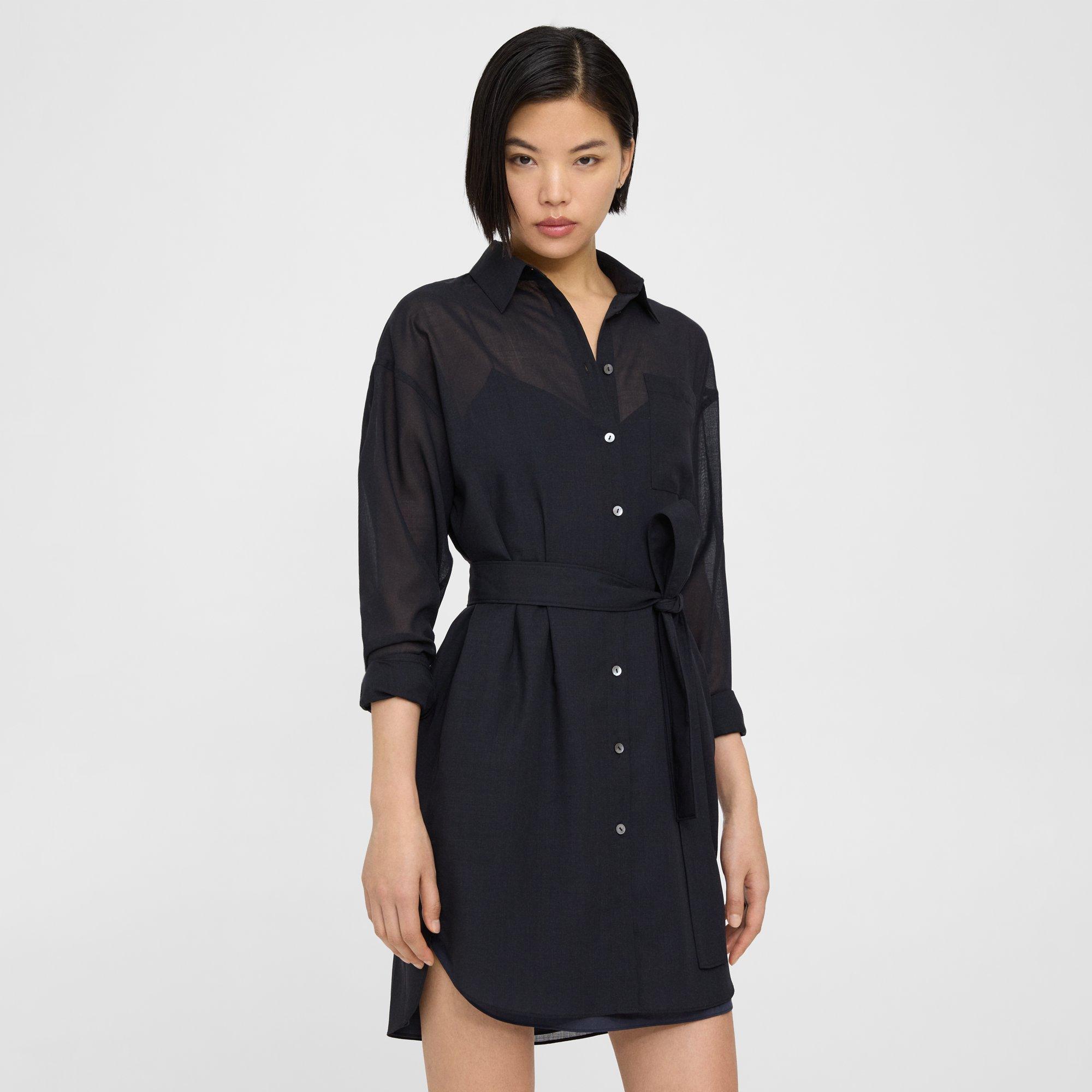 Theory Belted Shirt Dress In Wool-poly In Black