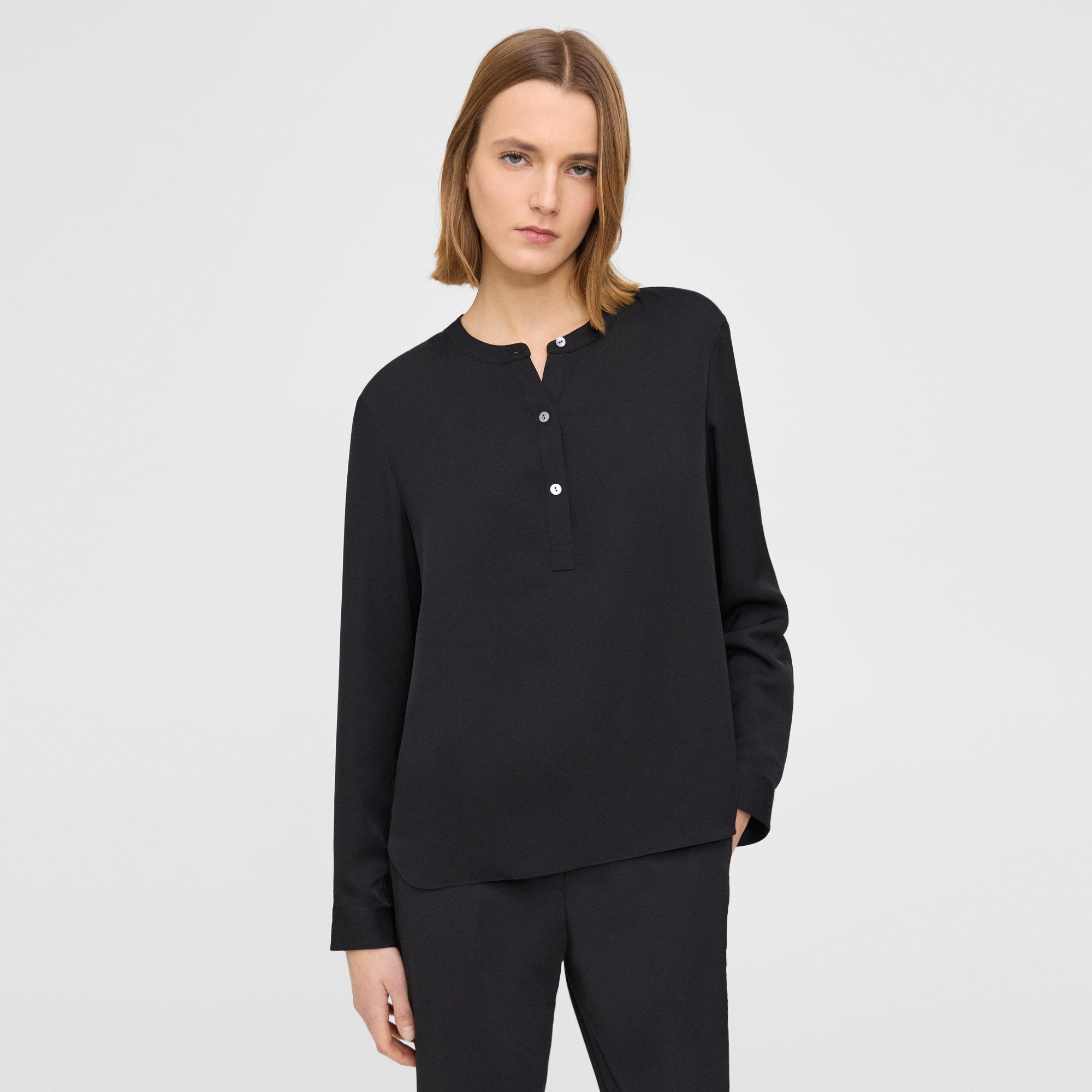 Theory Henley Blouse In Silk Georgette In Black