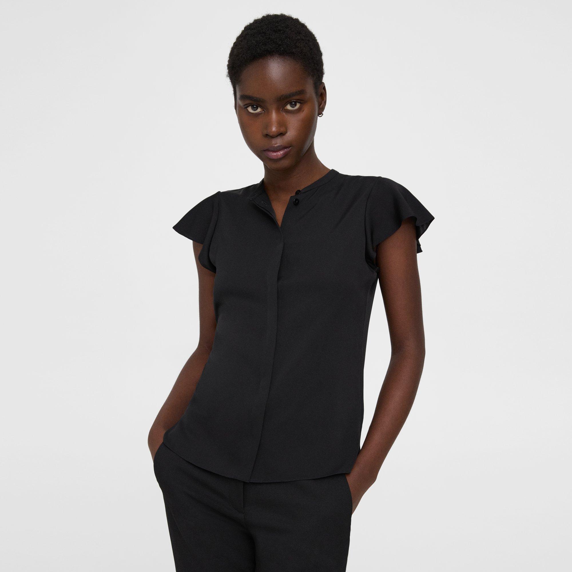 Theory Ruffle-sleeve Silk Button-front Top In Black