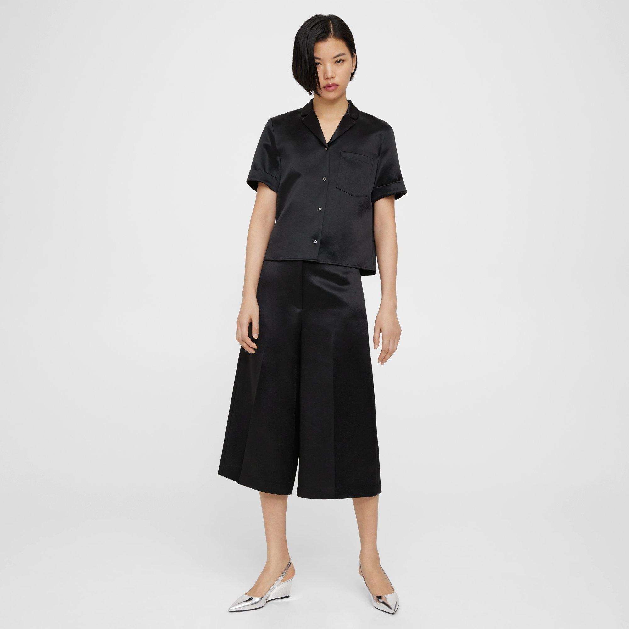 Theory Wide-leg Culotte In Bonded Satin In Black