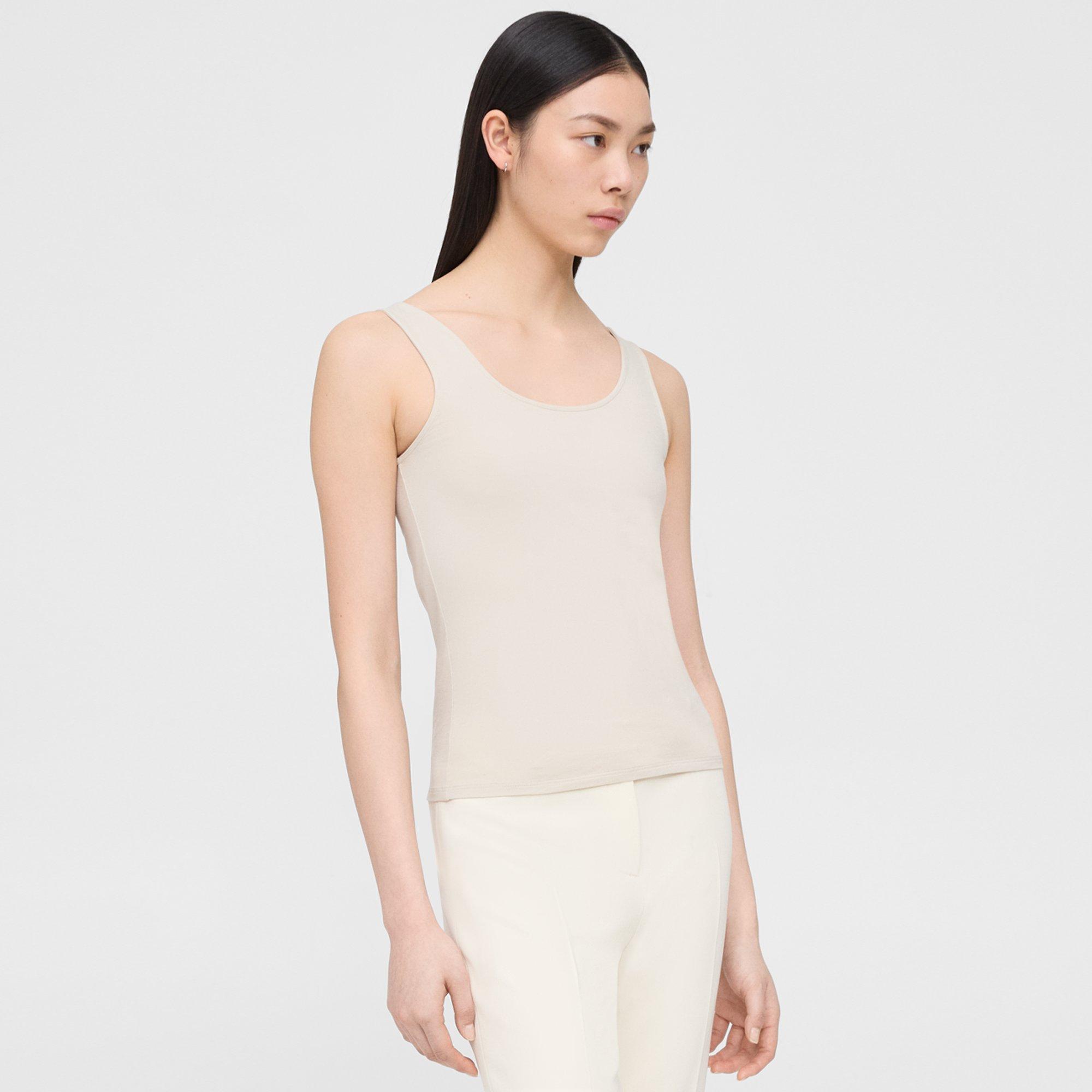 Theory Scoop Neck Tank In Stretch Cotton In Sand