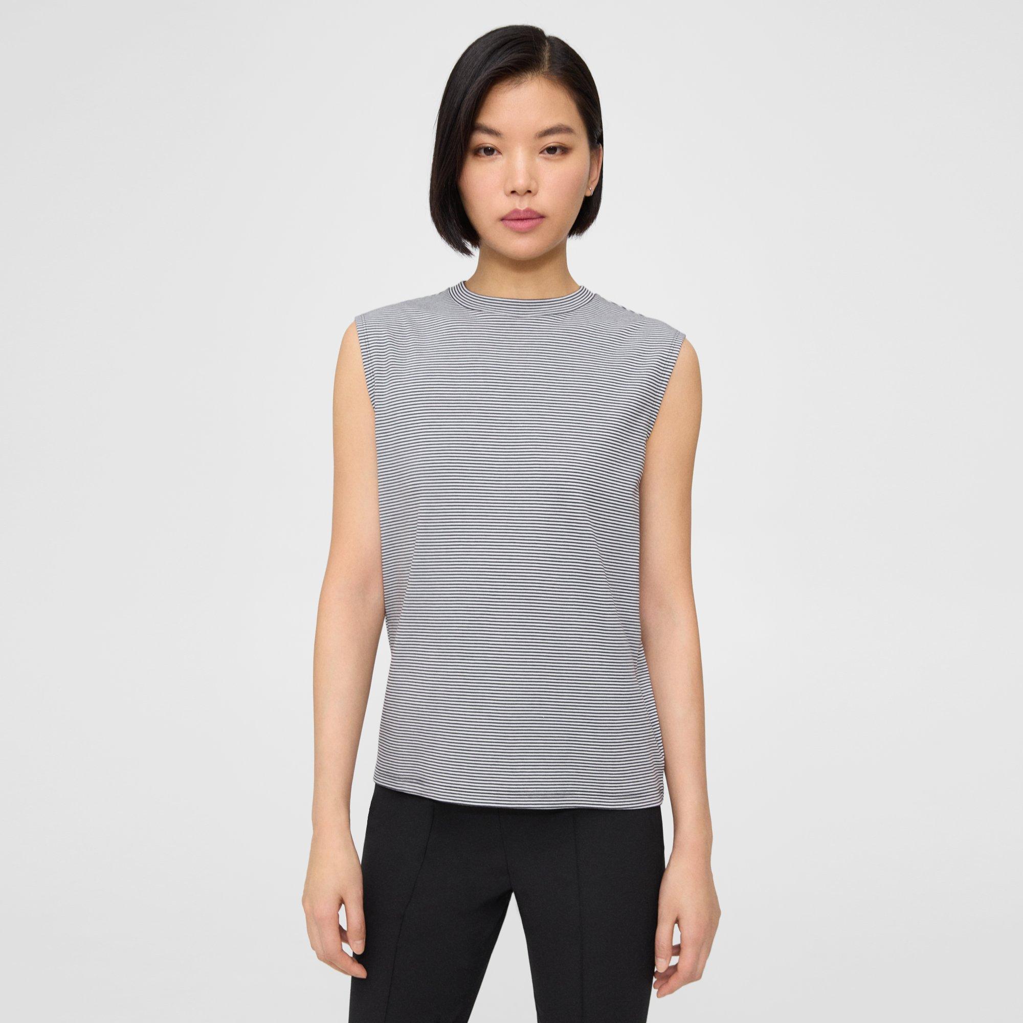 Theory Perfect Cut-off Tee In Striped Cotton Jersey In Charcoal Multi
