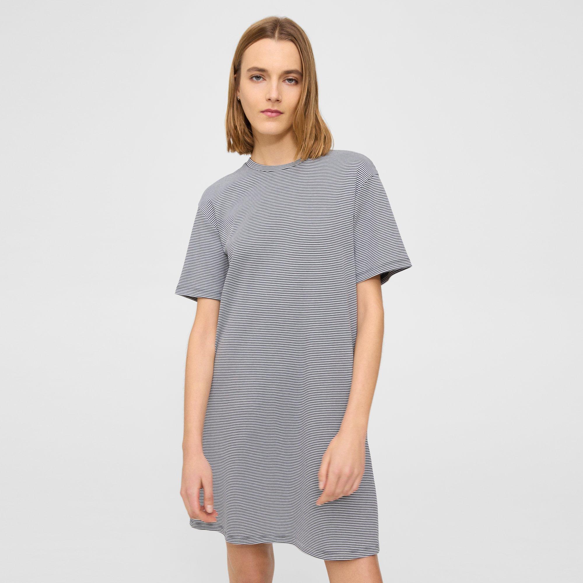 Theory Perfect T-shirt Dress In Striped Cotton Jersey In Charcoal Multi