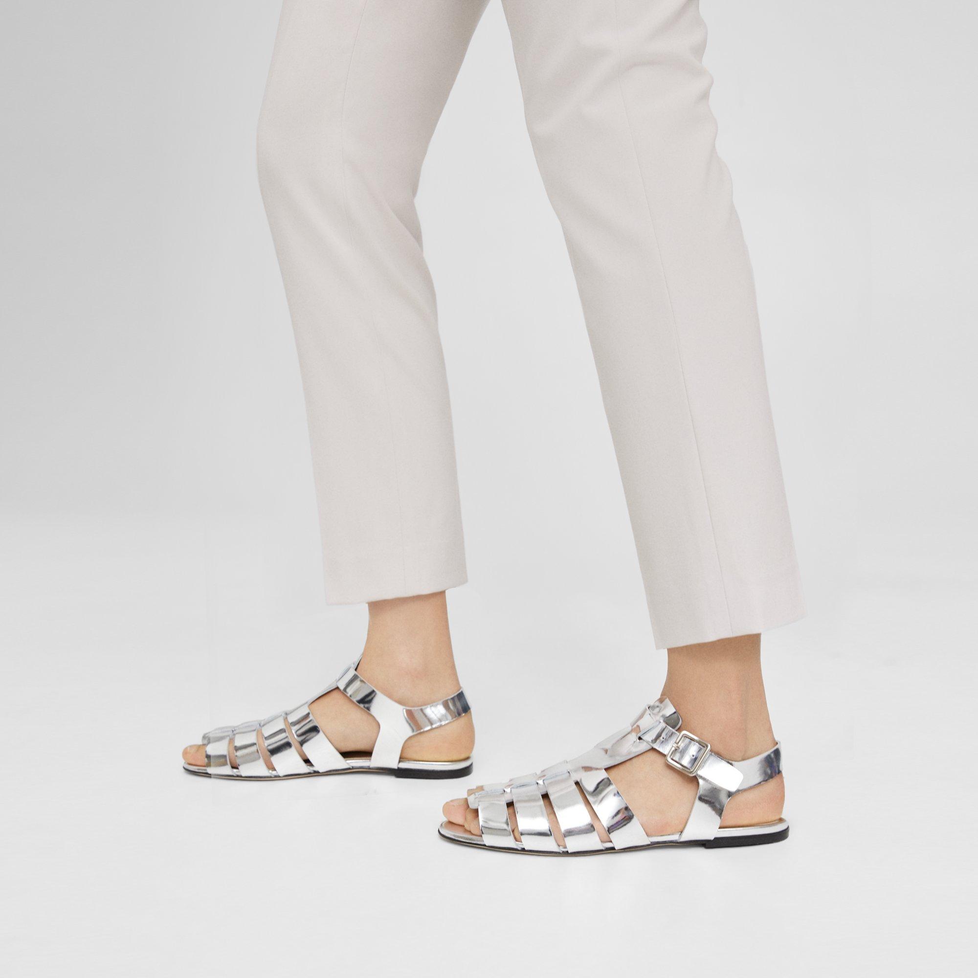 Theory Fisherman Sandal In Metallic Leather In Silver