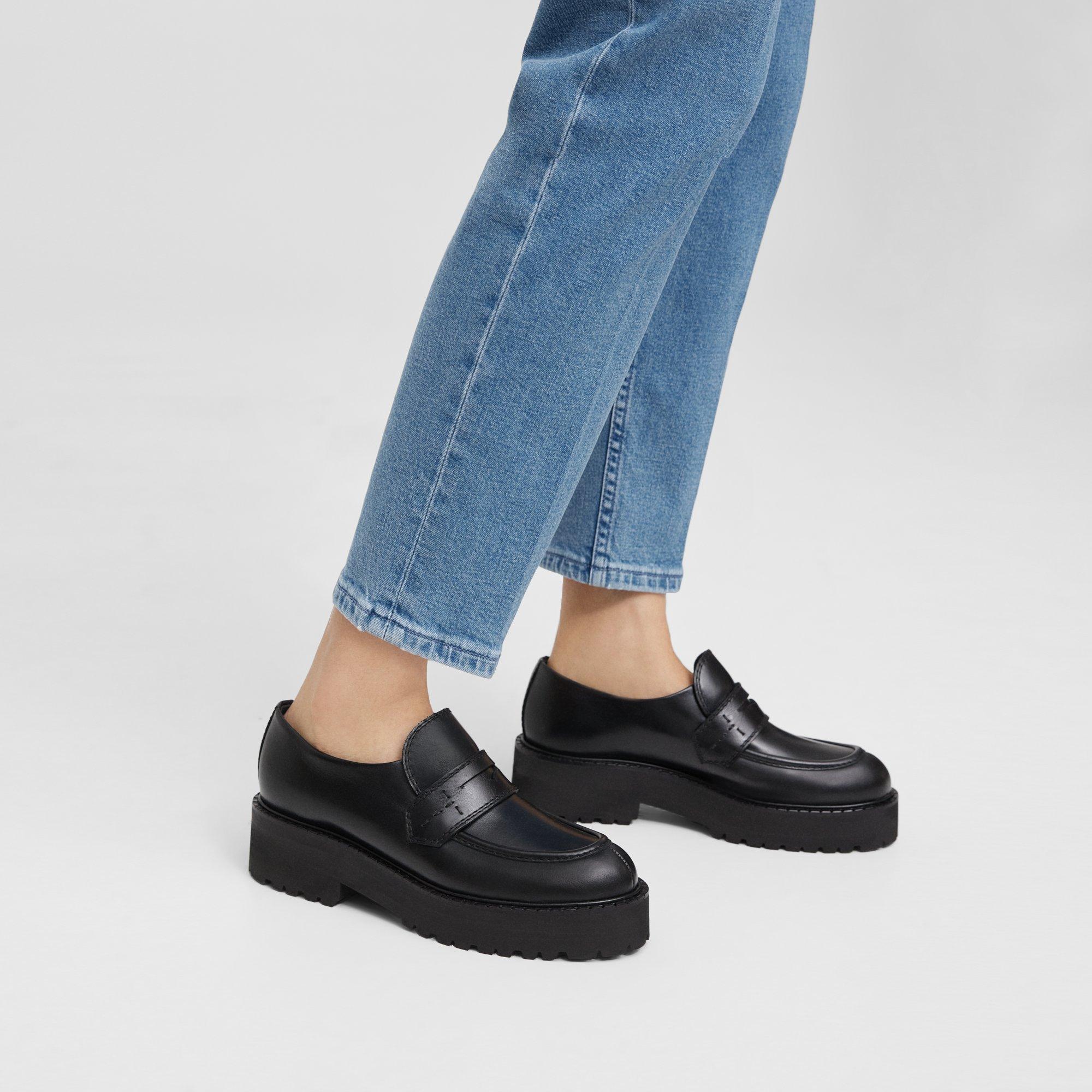 Theory Leather Platform Loafer In Black