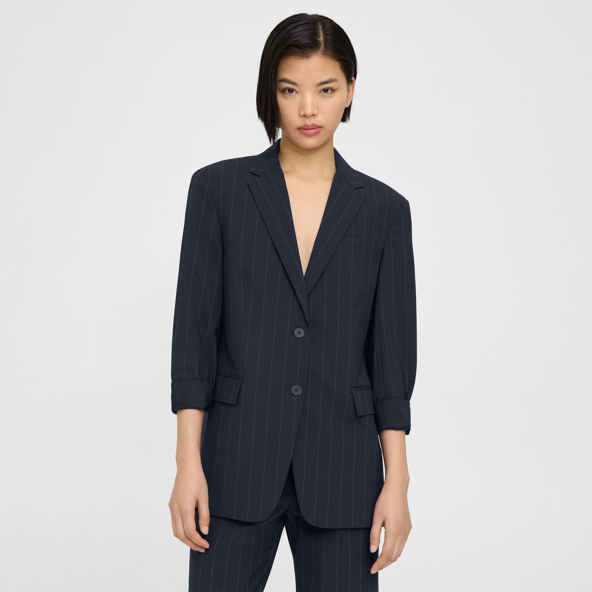 Theory Cuffed Blazer In Striped Stretch Wool In Deep Navy