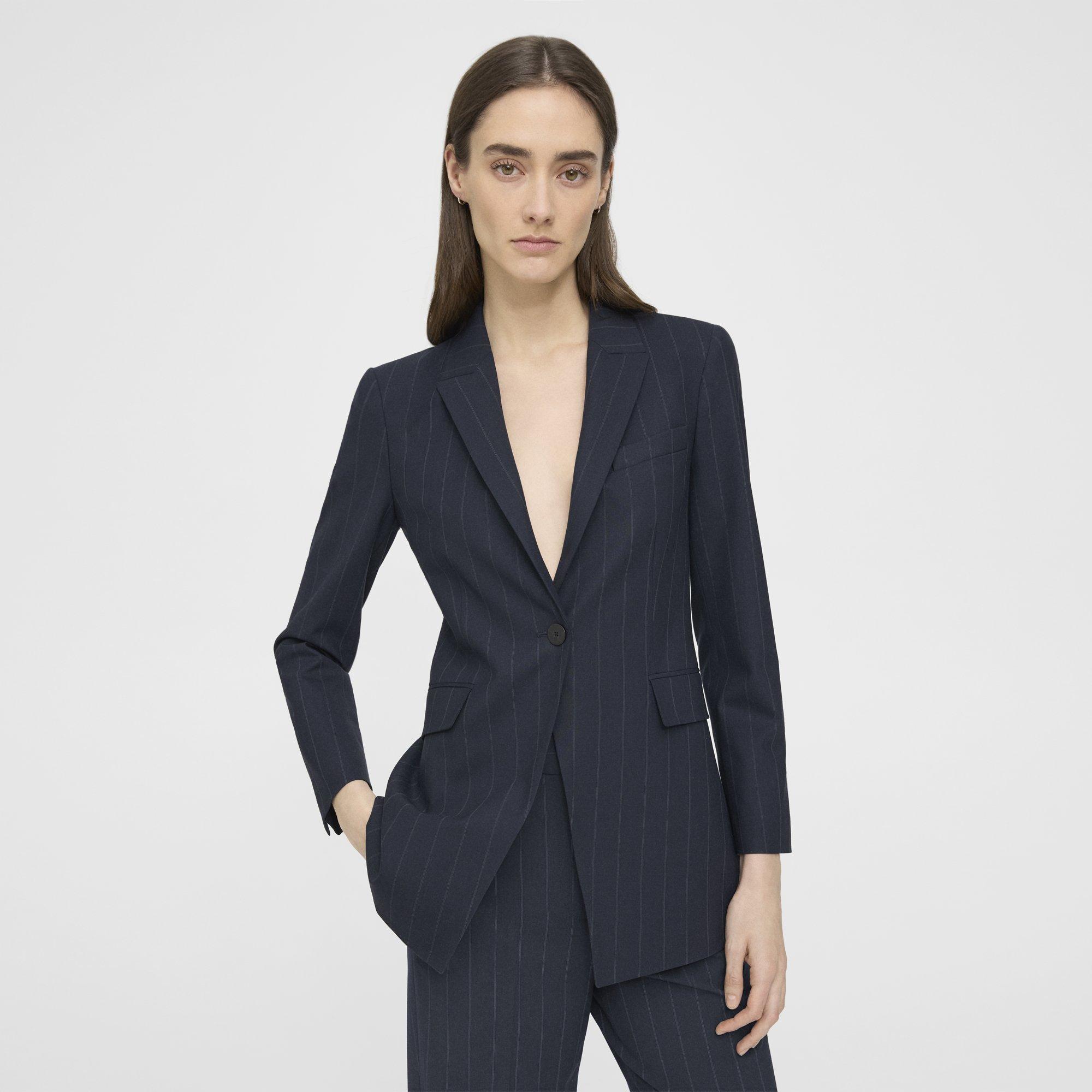 Theory Etiennette Blazer In Striped Stretch Wool In Deep Navy