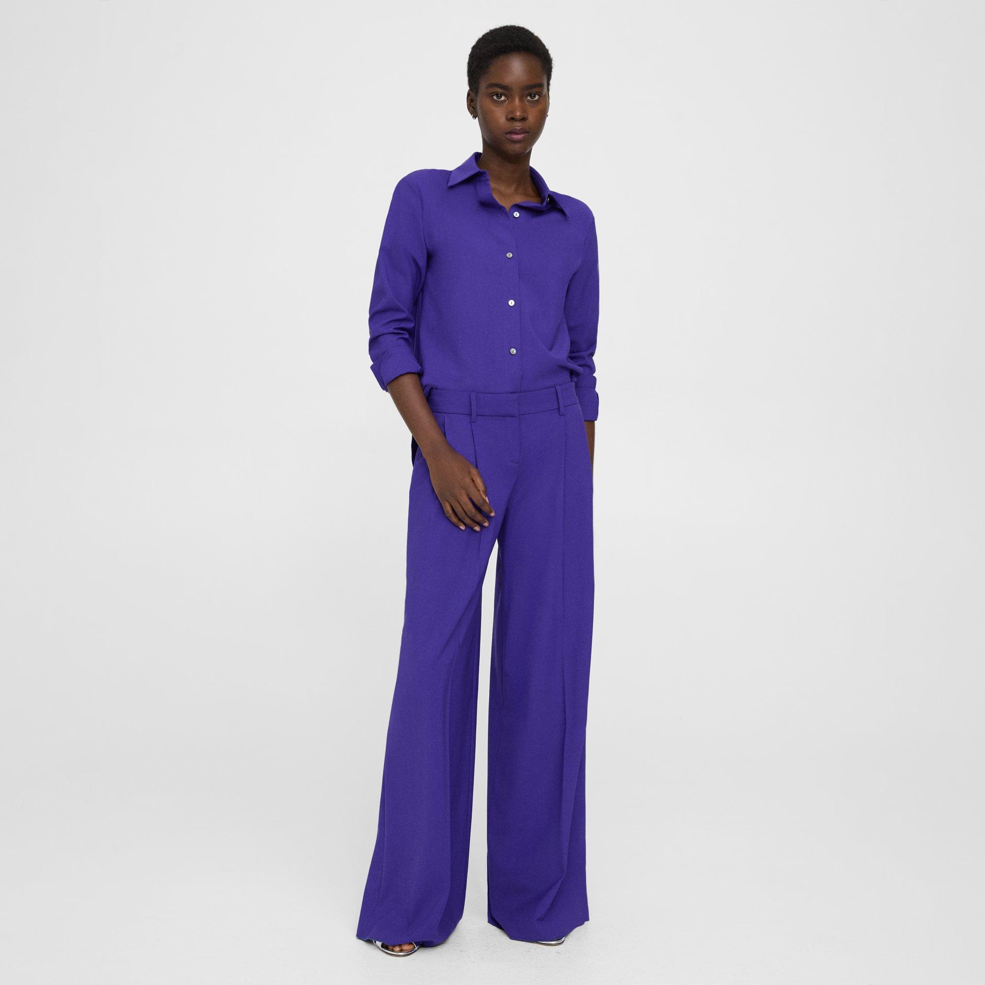 Shop Theory Pleated Low-rise Pant In Stretch Wool In Blue Iris