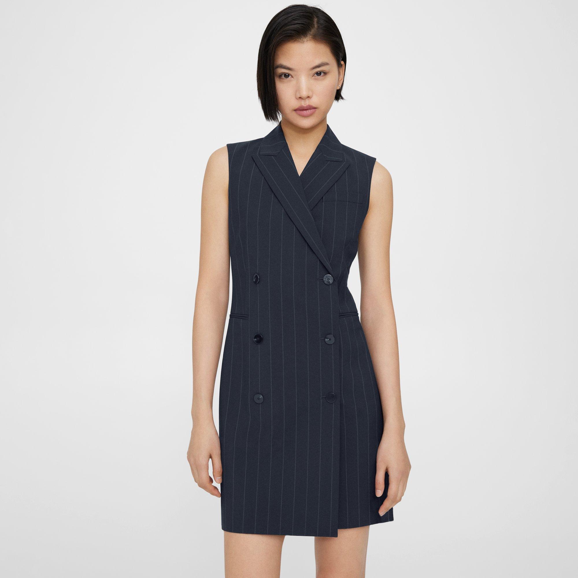 Theory Double-breasted Blazer Dress In Striped Stretch Wool In Deep Navy