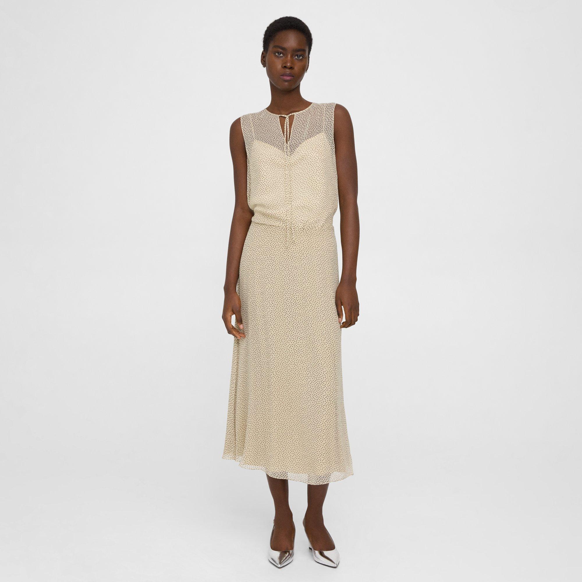 Theory Flared Midi Skirt In Polka Dot Silk In Oatmeal Multi