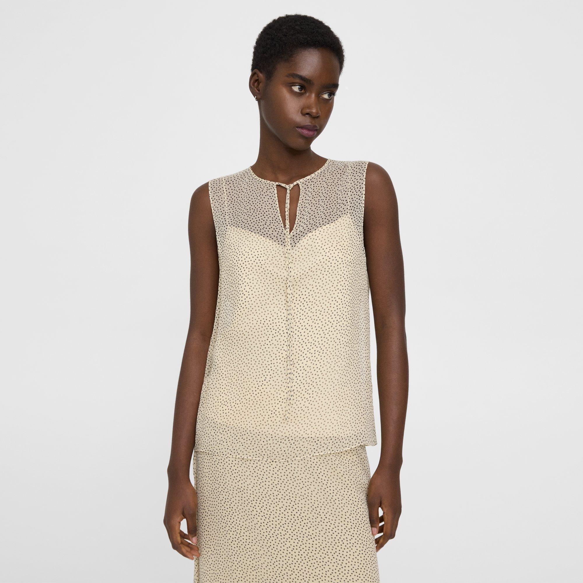 Theory Sleeveless Tie Neck Top In Silk Chiffon In Oatmeal Multi