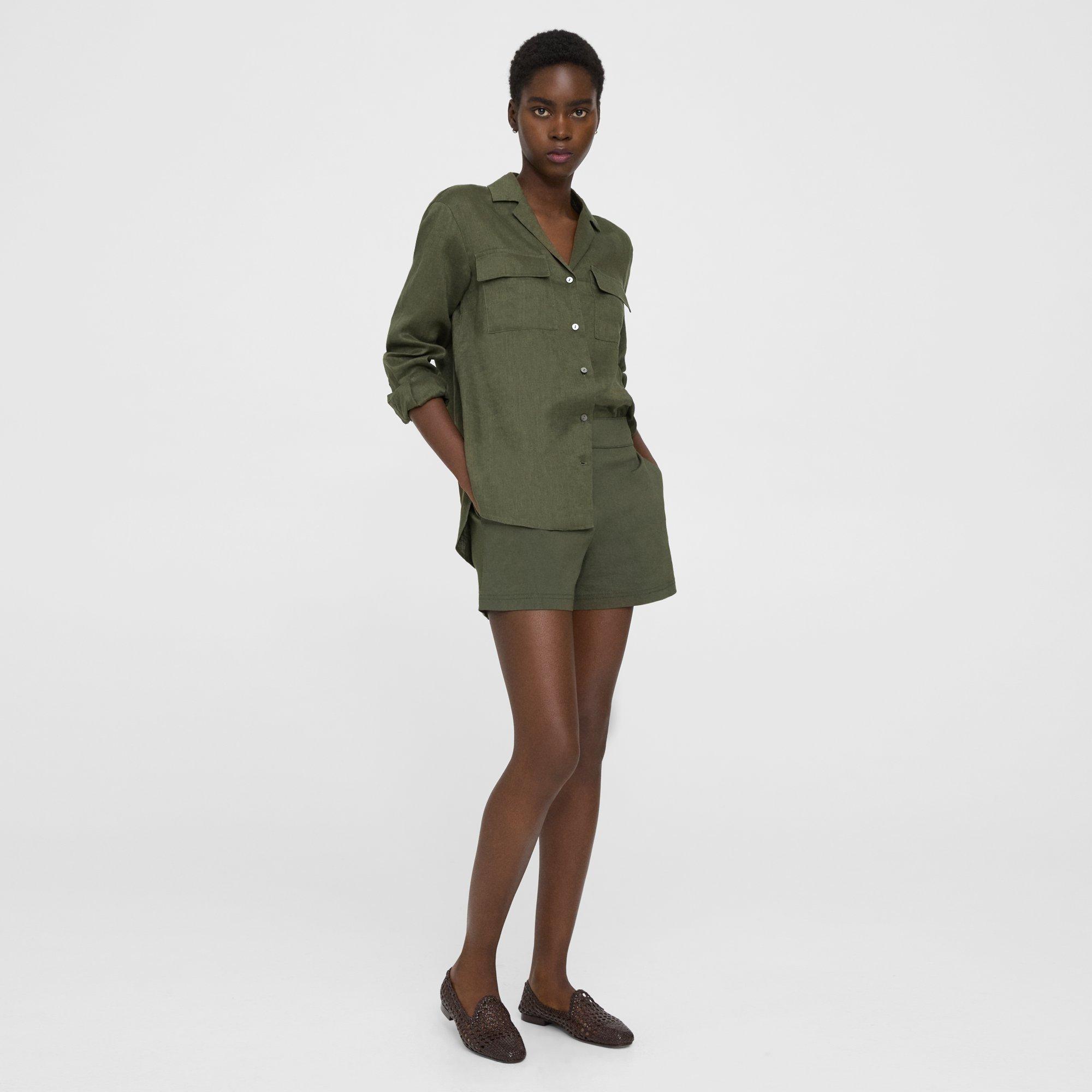 Theory Mini Short In Good Linen In Dark Olive