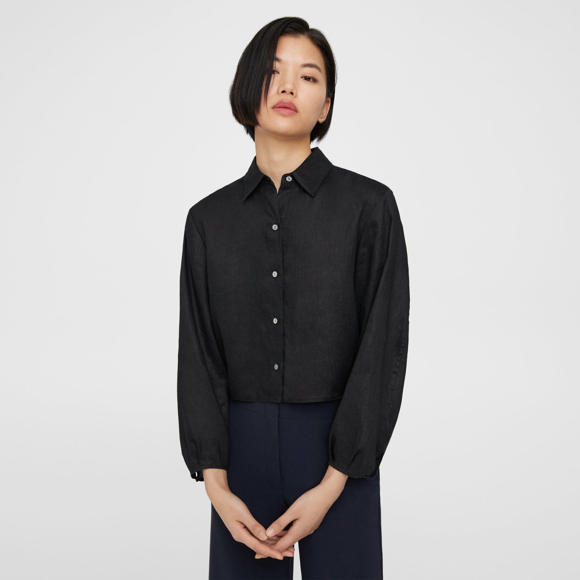 Theory Pleated Shirt In Relaxed Linen In Black