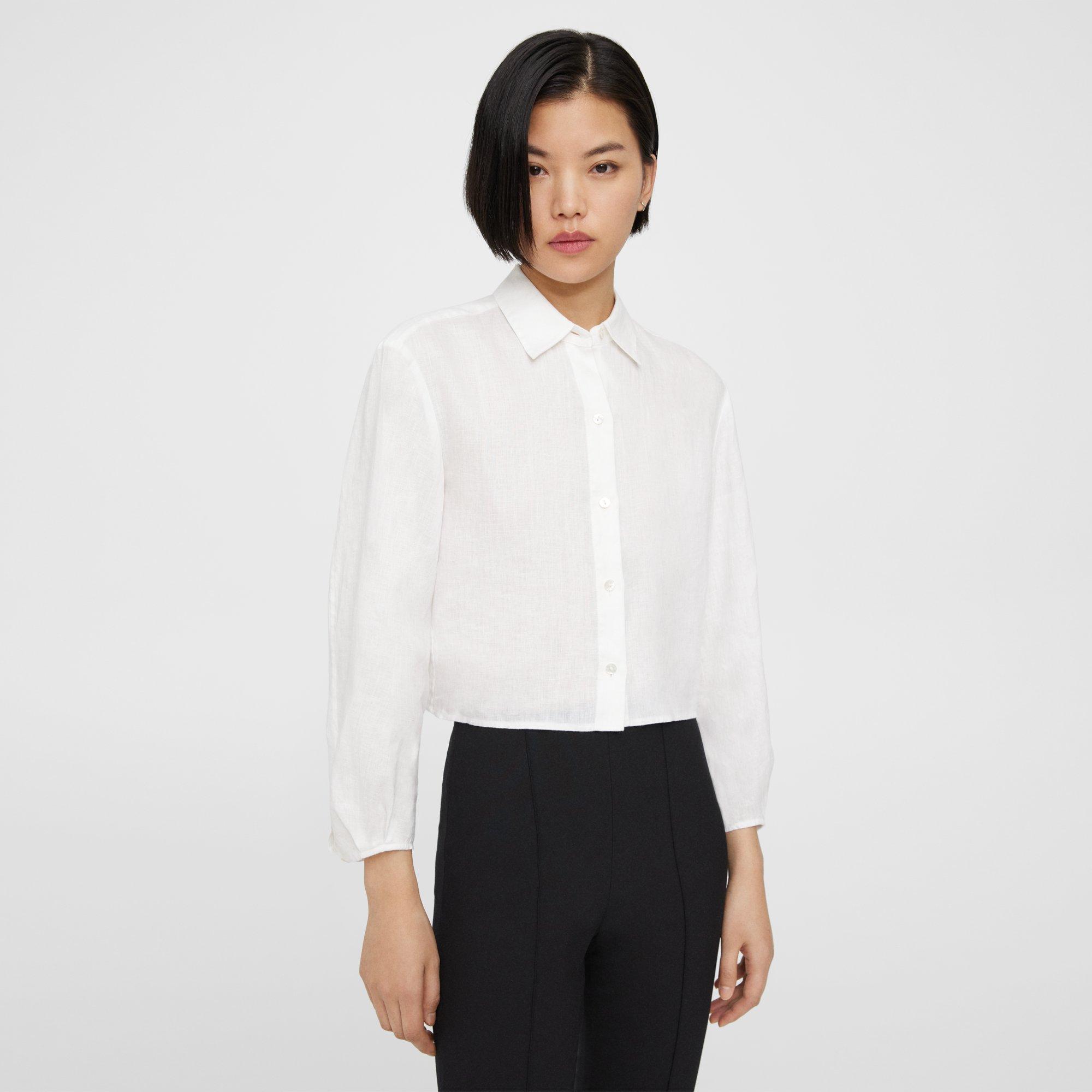 Theory Pleated Shirt In Relaxed Linen In White