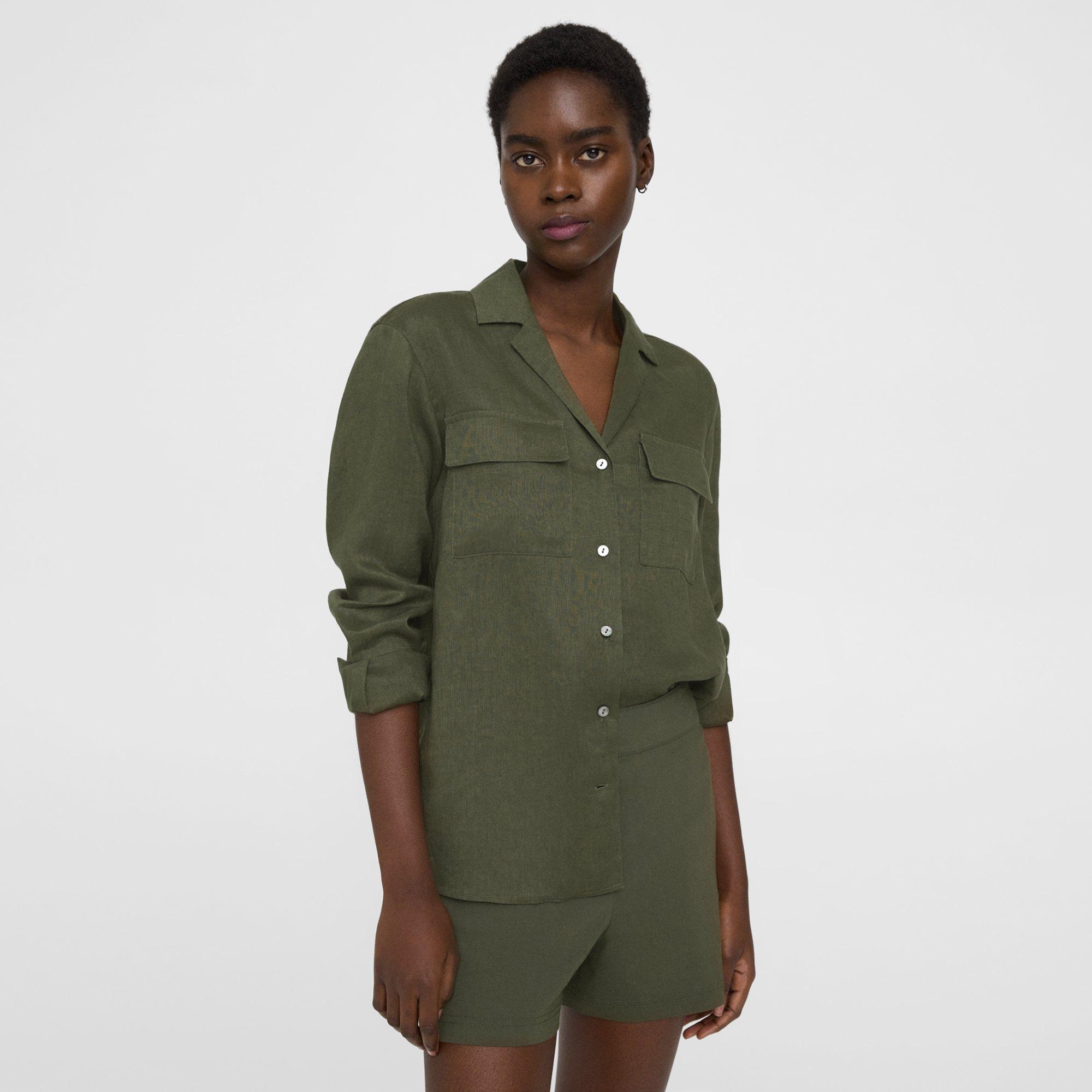 Theory Oversized Patch Pocket Shirt In Relaxed Linen In Dark Olive