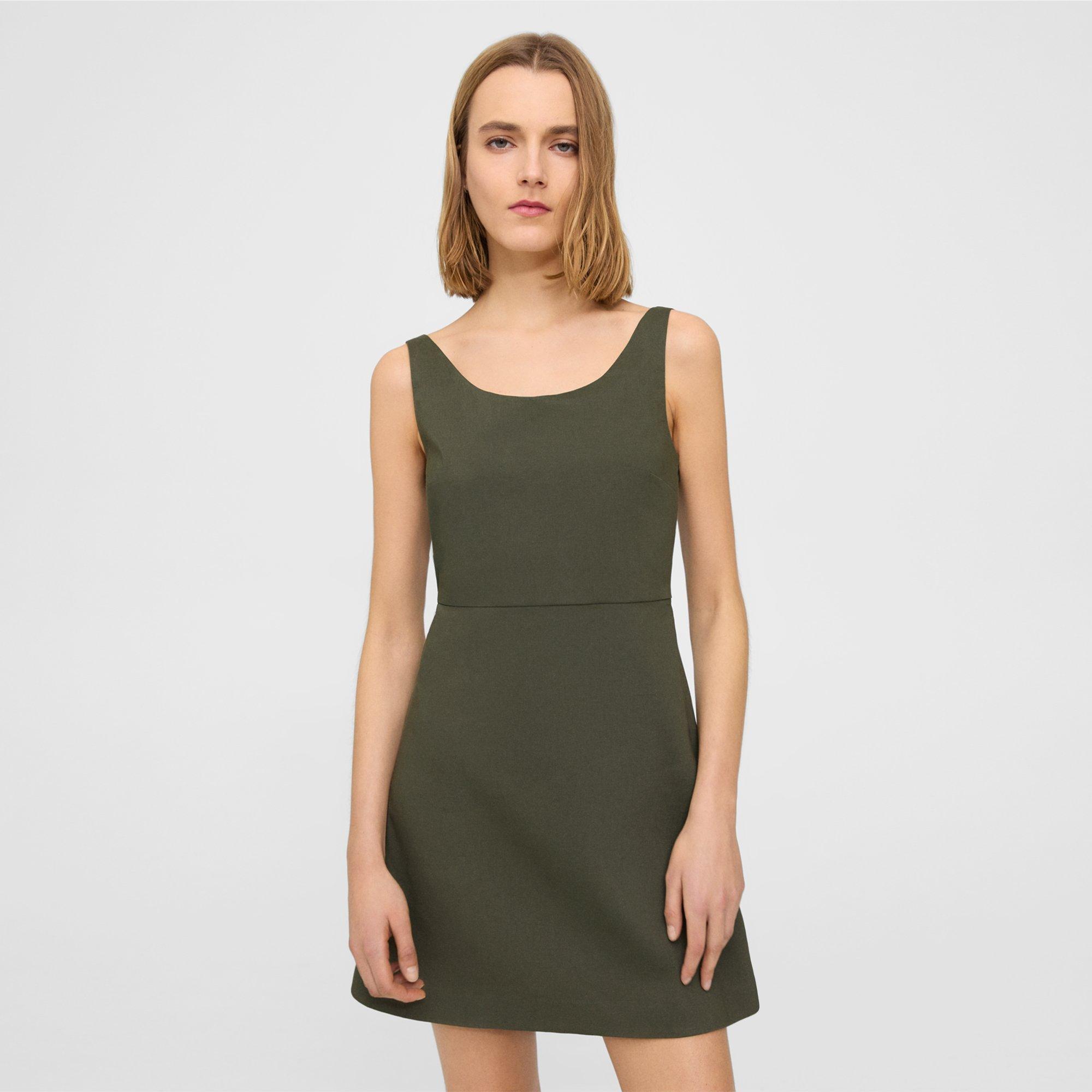 Theory Ballerina Neckline Mini Dress In Good Linen In Dark Olive