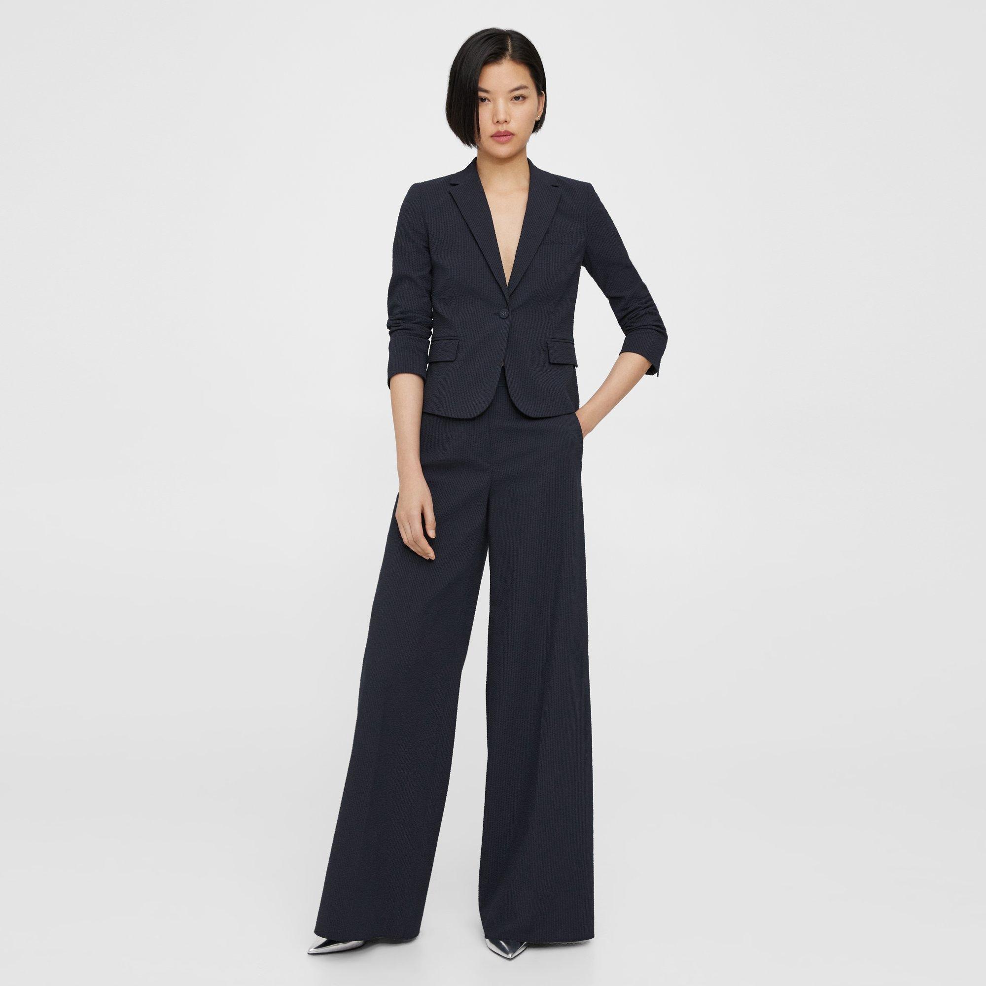 Theory High-waist Wide-leg Pant In Seersucker In Navy