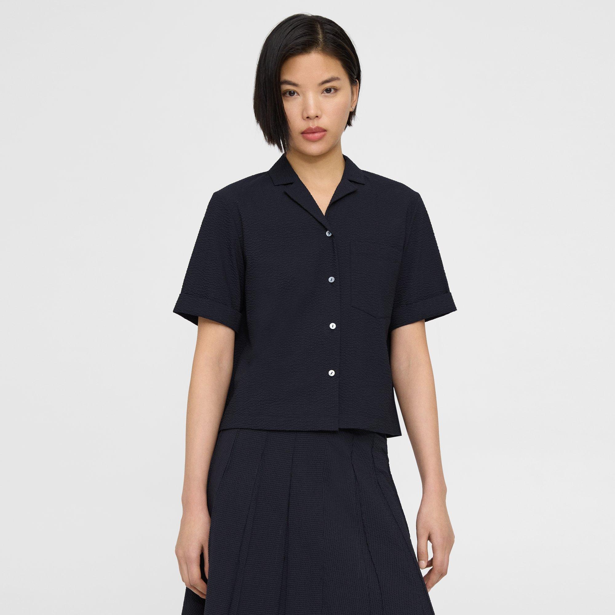 Theory Camp Shirt In Seersucker In Nocturne Navy