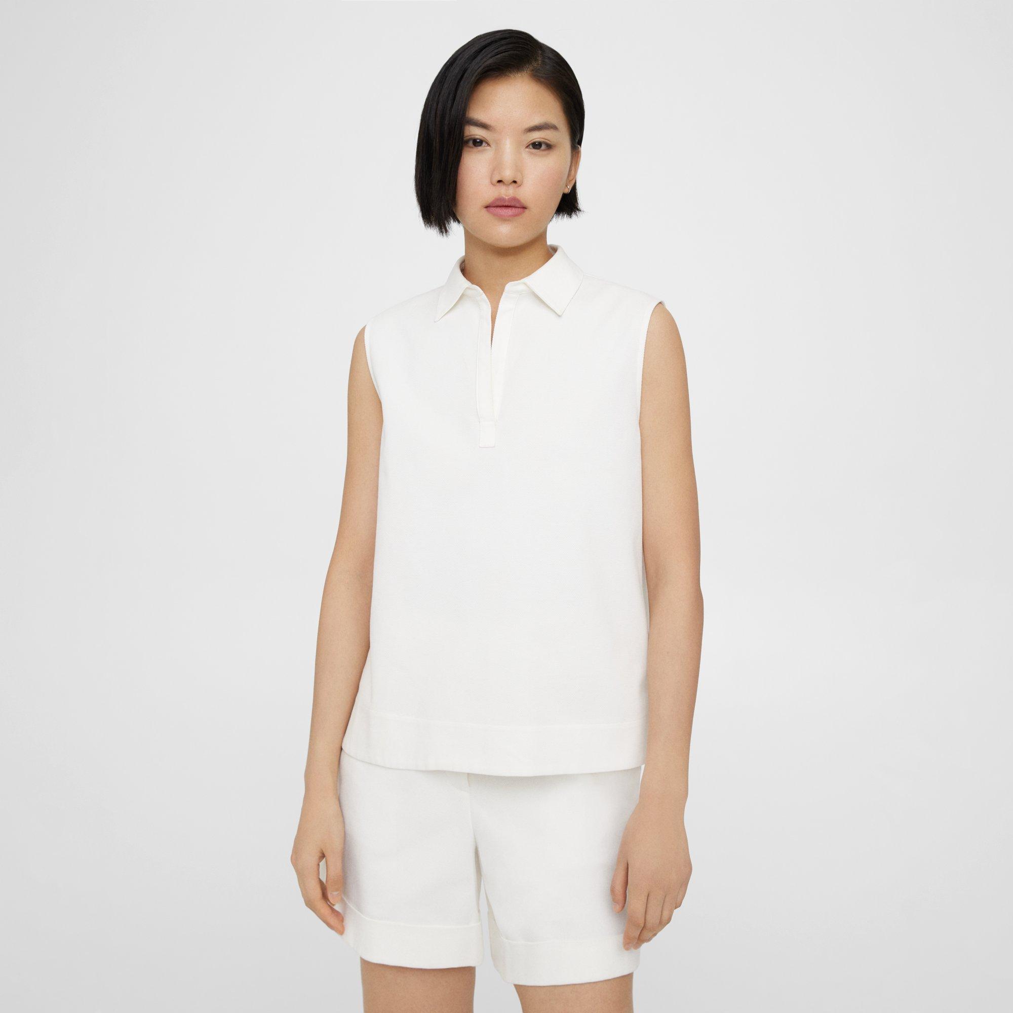 Theory Sleeveless Polo Shell Top In Cotton Piqué In White
