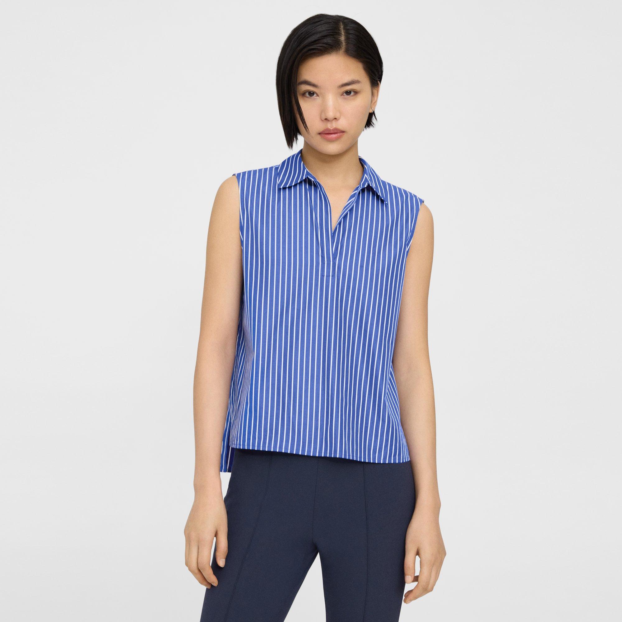 Theory Sleeveless Polo Shell Top In Cotton Piqué In Bright Blue Multi