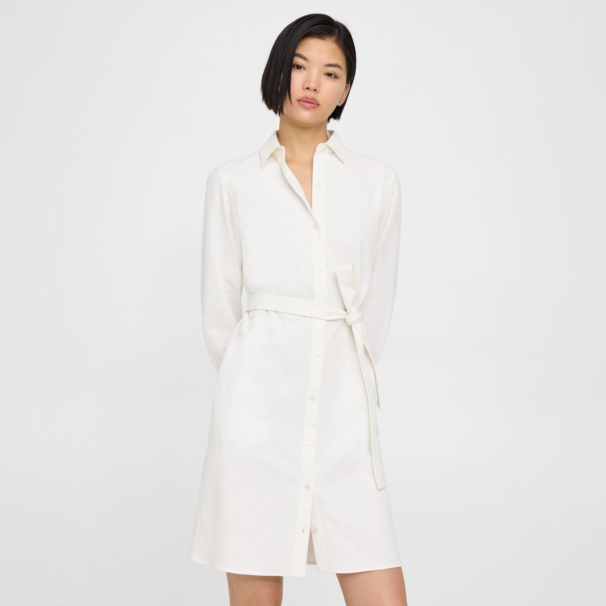 Theory Tie-waist Shirt Dress In Cotton Piqué In White