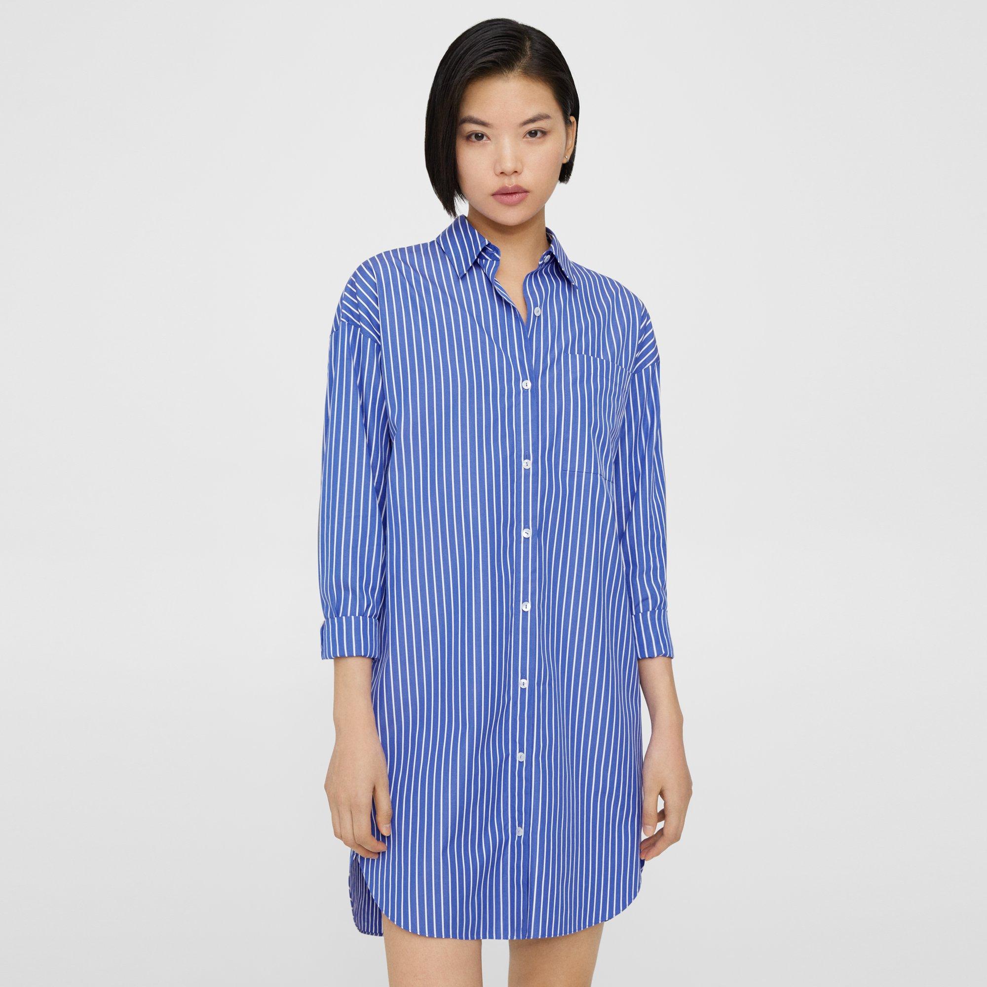Theory Oversized Shirt Dress In Striped Cotton In Bright Blue Multi
