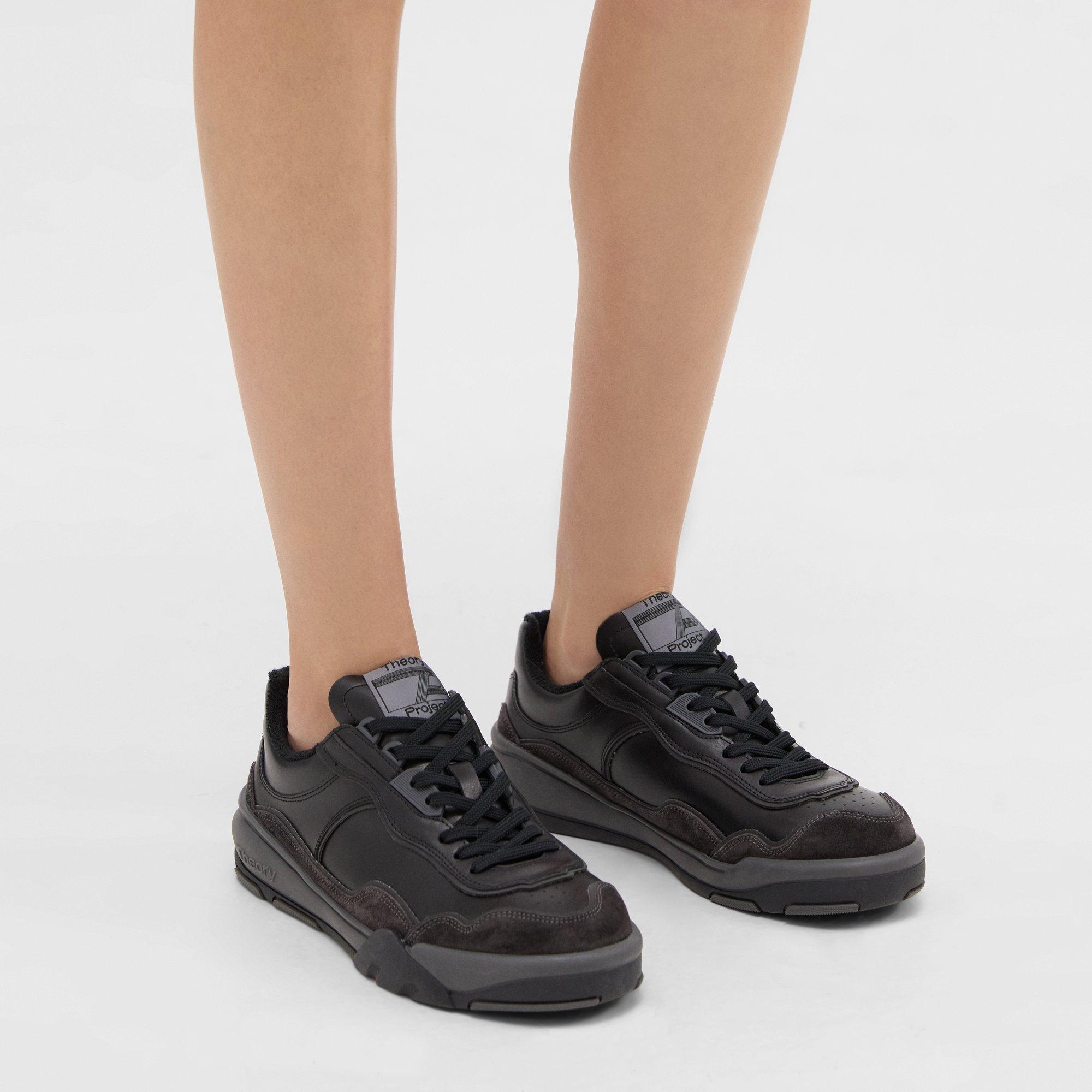 Theory Leather Sneaker In Black/black