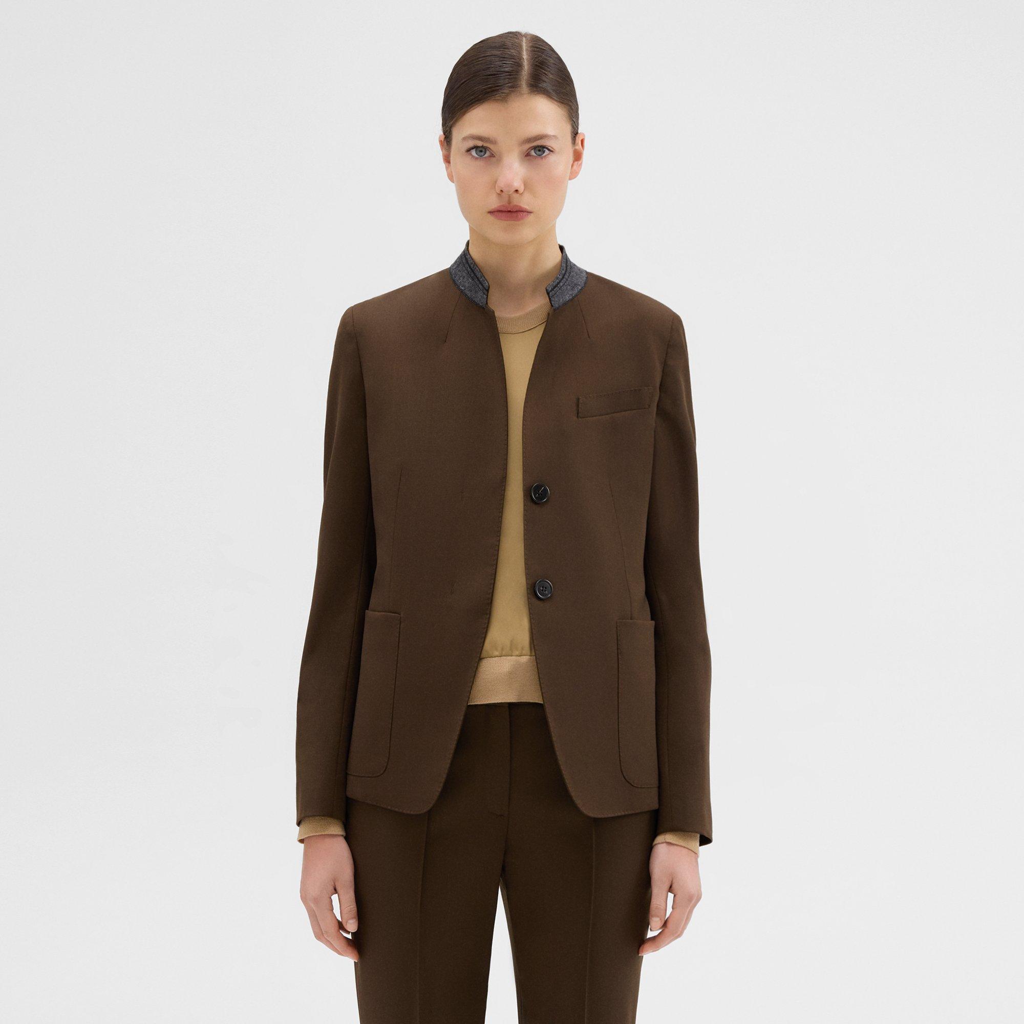 Theory Wool Gabardine Stand-collar Blazer In Brown