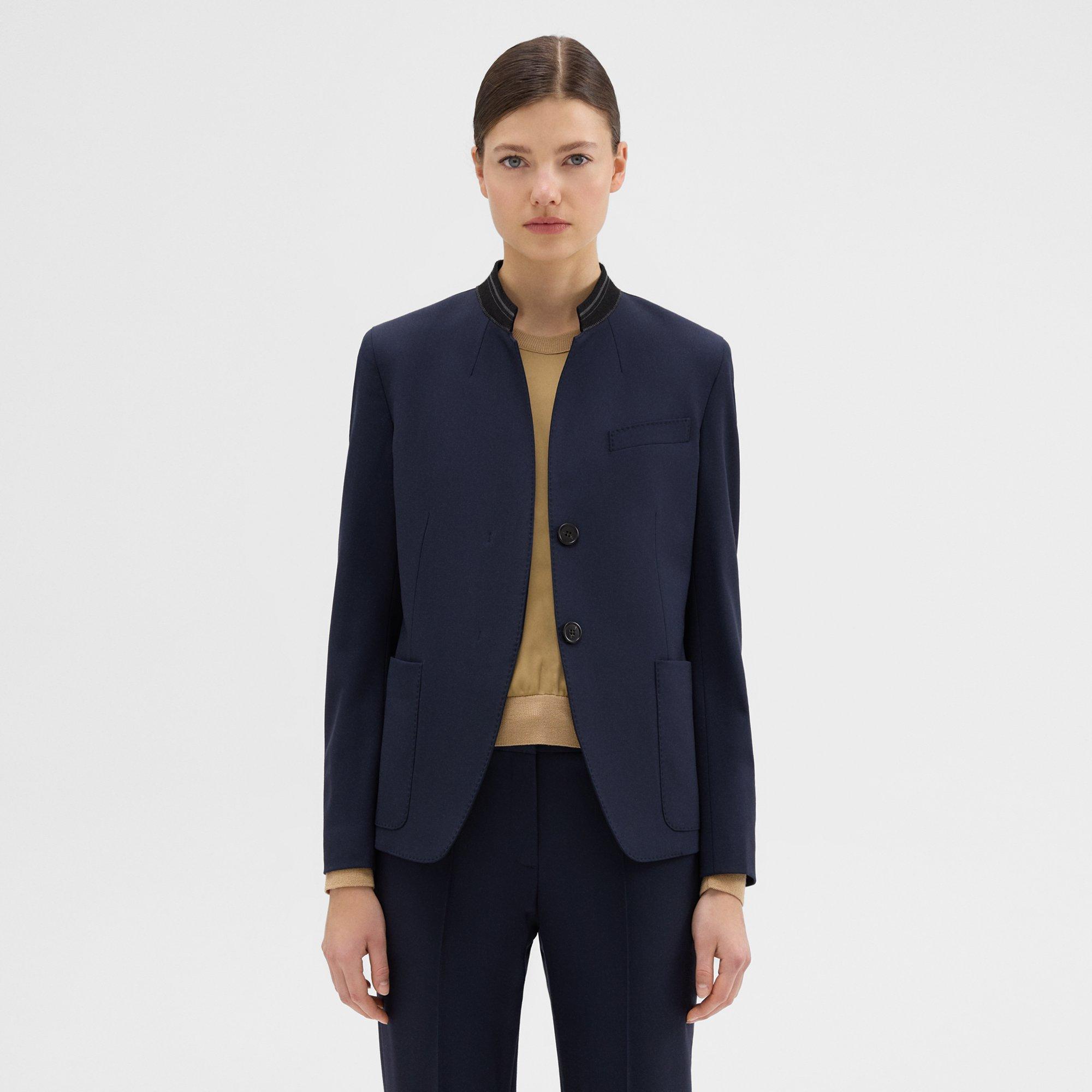 Theory Stand-collar Blazer In Wool Gabardine In Washed Navy
