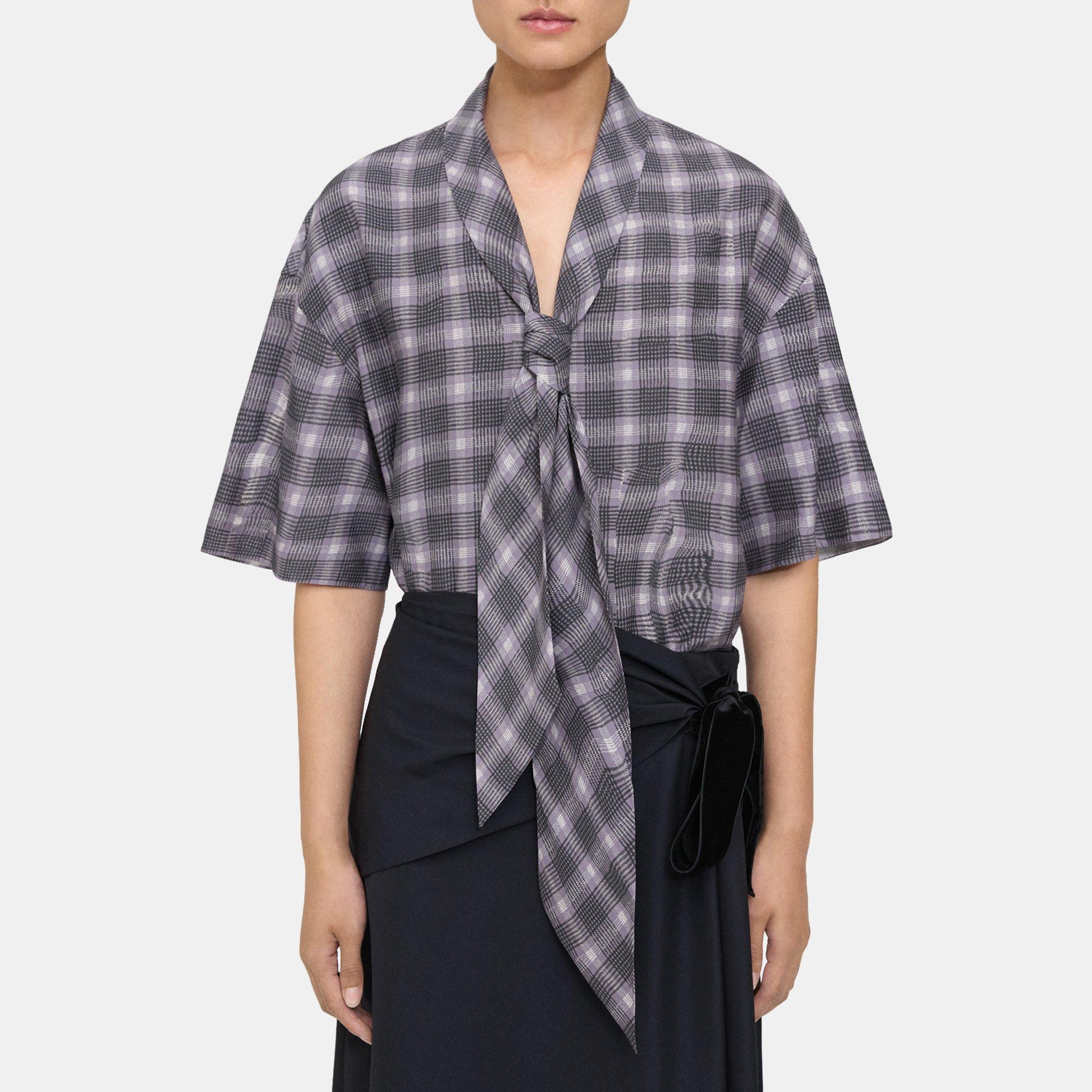 Theory Wrinkle Check Tie-neck Shirt In Grey Multi