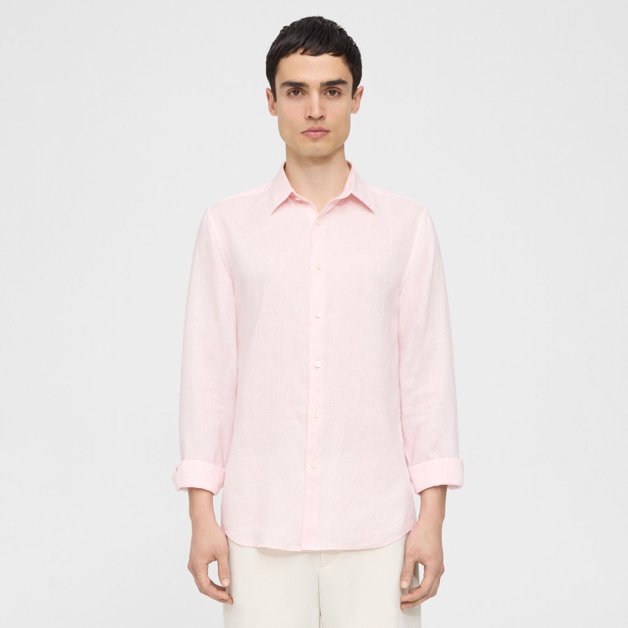 Theory Irving Shirt In Relaxed Linen In Cradle Pink