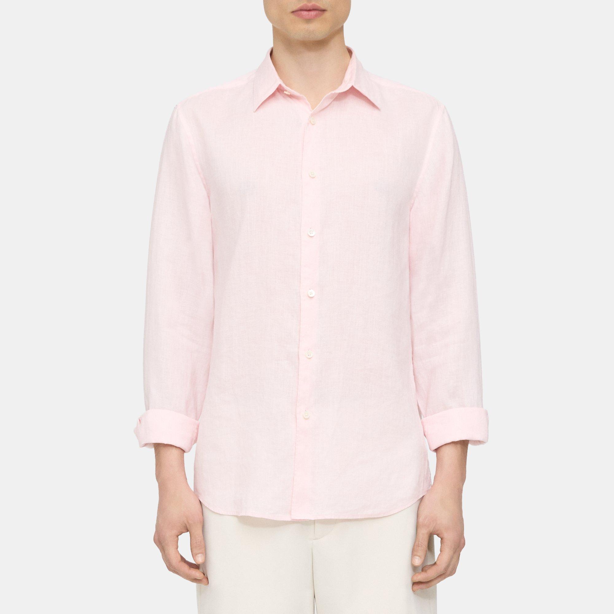 Theory Irving Shirt In Relaxed Linen In Cradle Pink