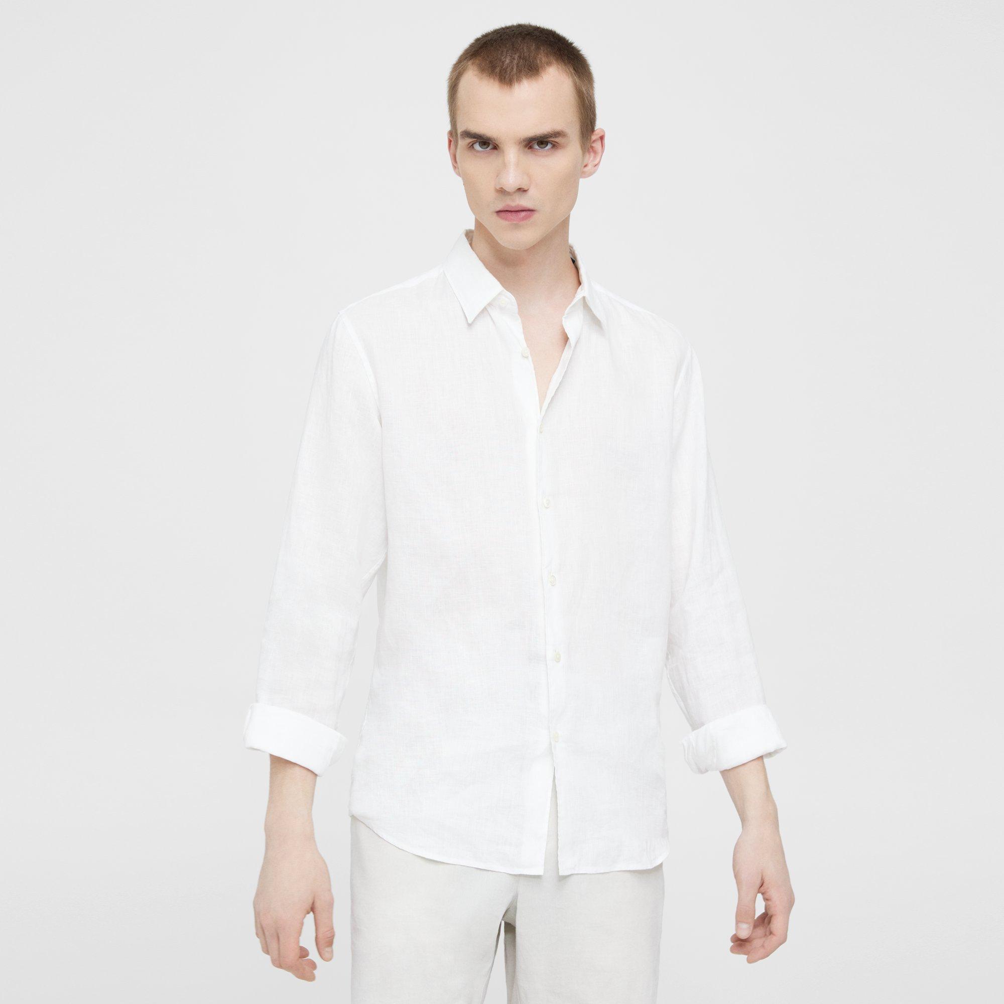 Theory Irving Shirt In Relaxed Linen In Optic White