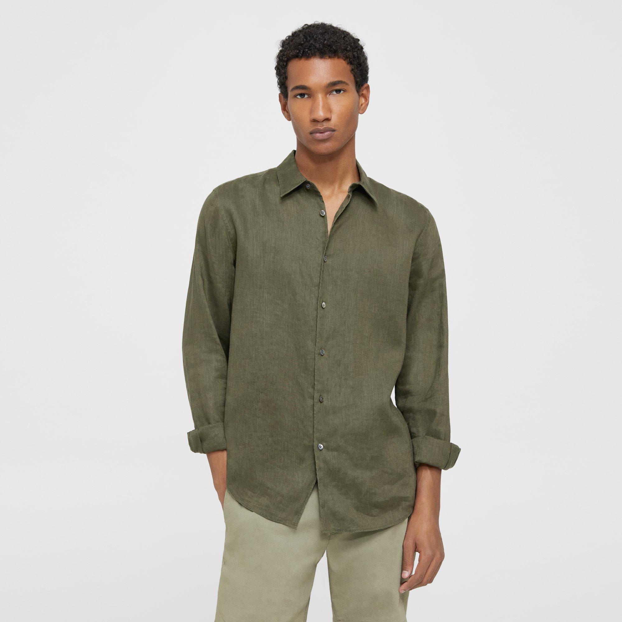 Theory Irving Shirt In Relaxed Linen In Dark Olive