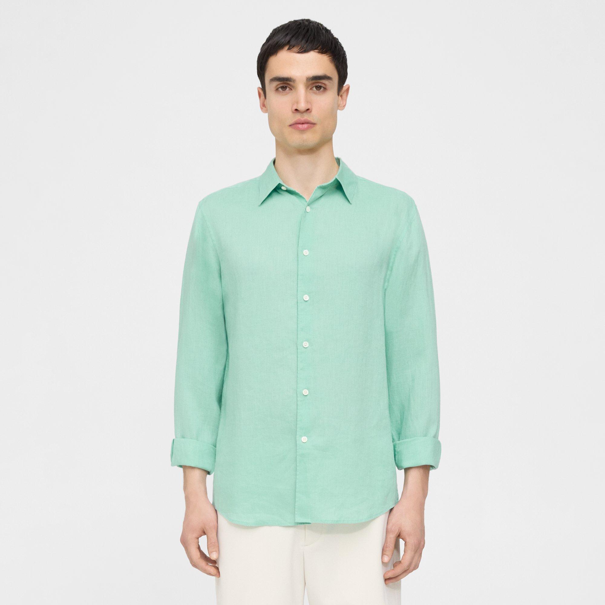 Theory Irving Shirt In Relaxed Linen In Celadon