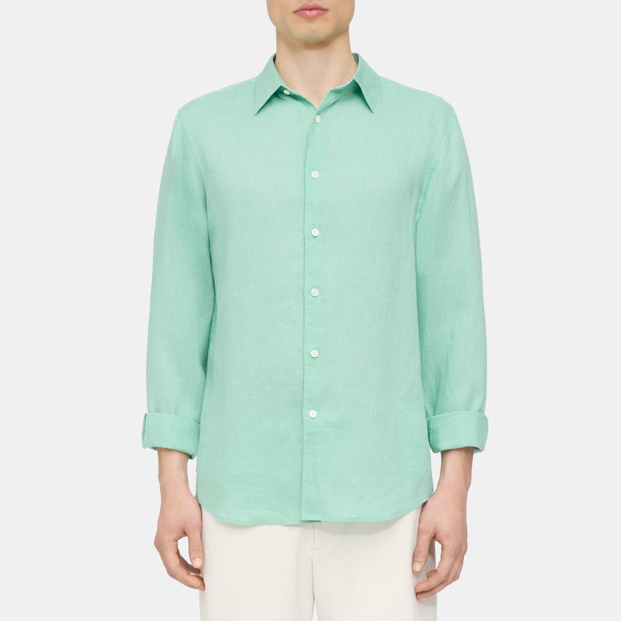 Theory Irving Shirt In Relaxed Linen In Celadon