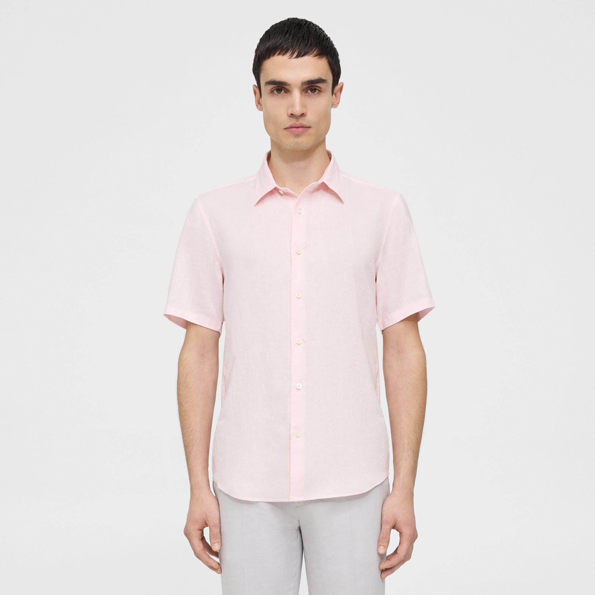 Theory Irving Short-sleeve Shirt In Relaxed Linen In Cradle Pink