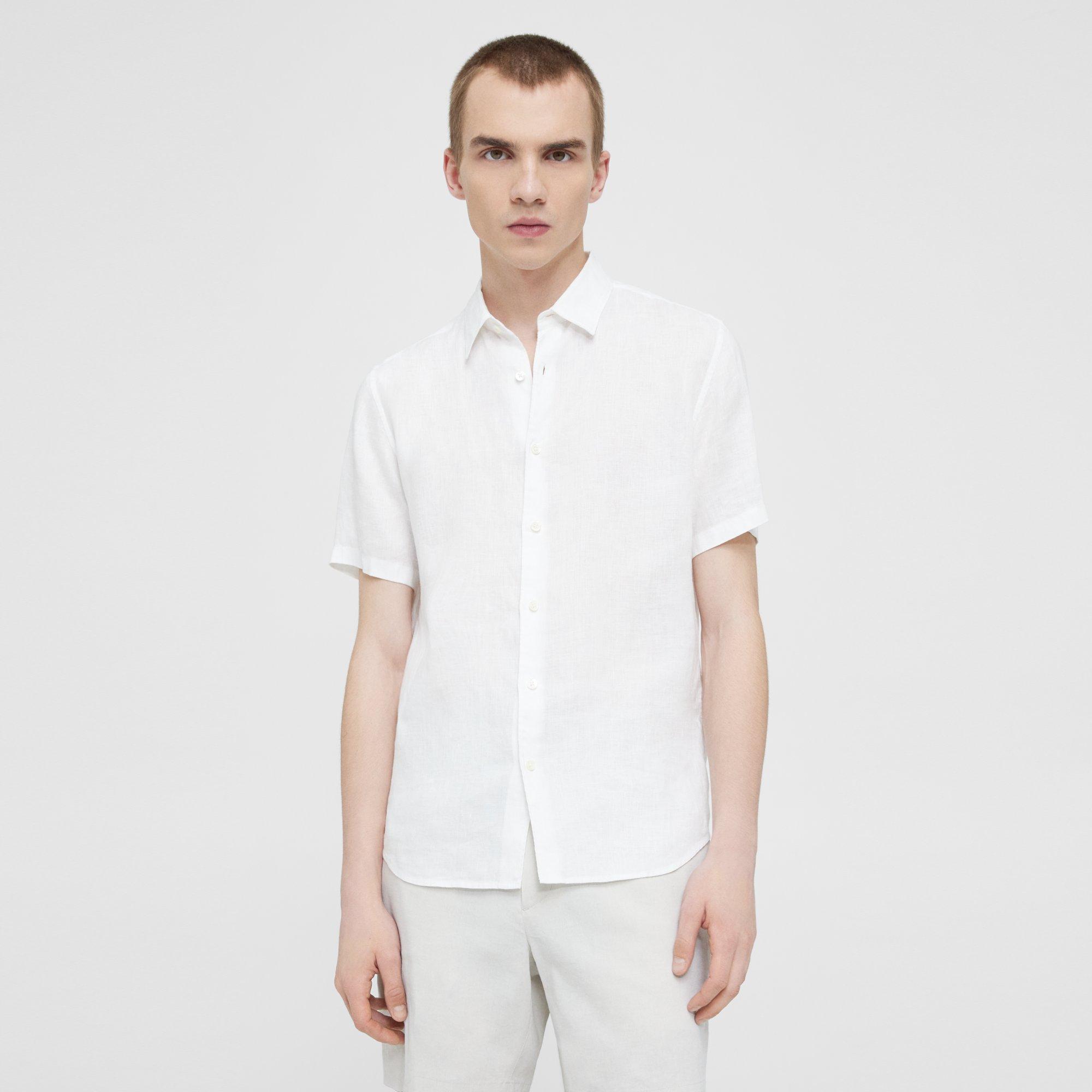 Theory Irving Short-sleeve Shirt In Relaxed Linen In Optic White