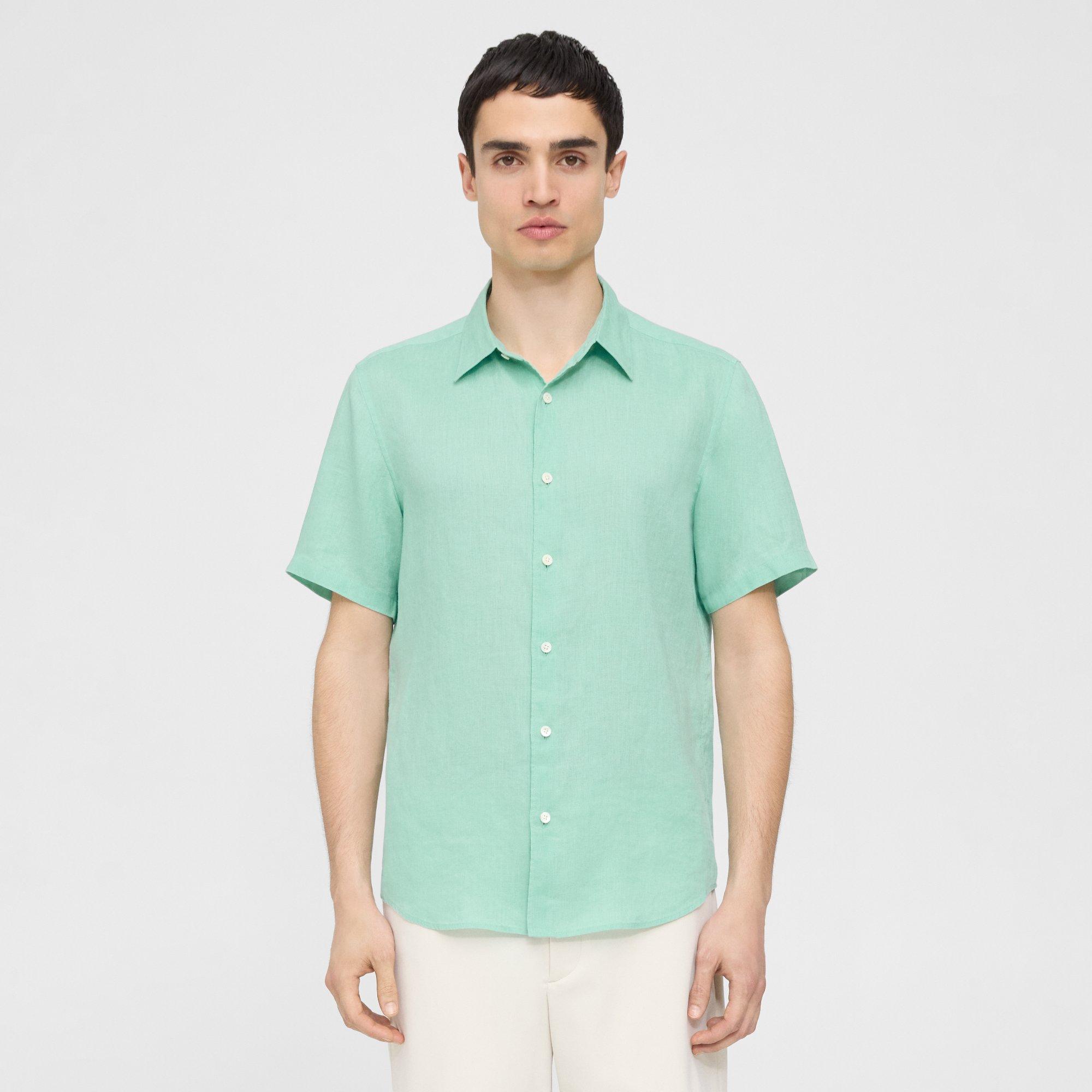 Shop Theory Irving Short-sleeve Shirt In Relaxed Linen In Celadon