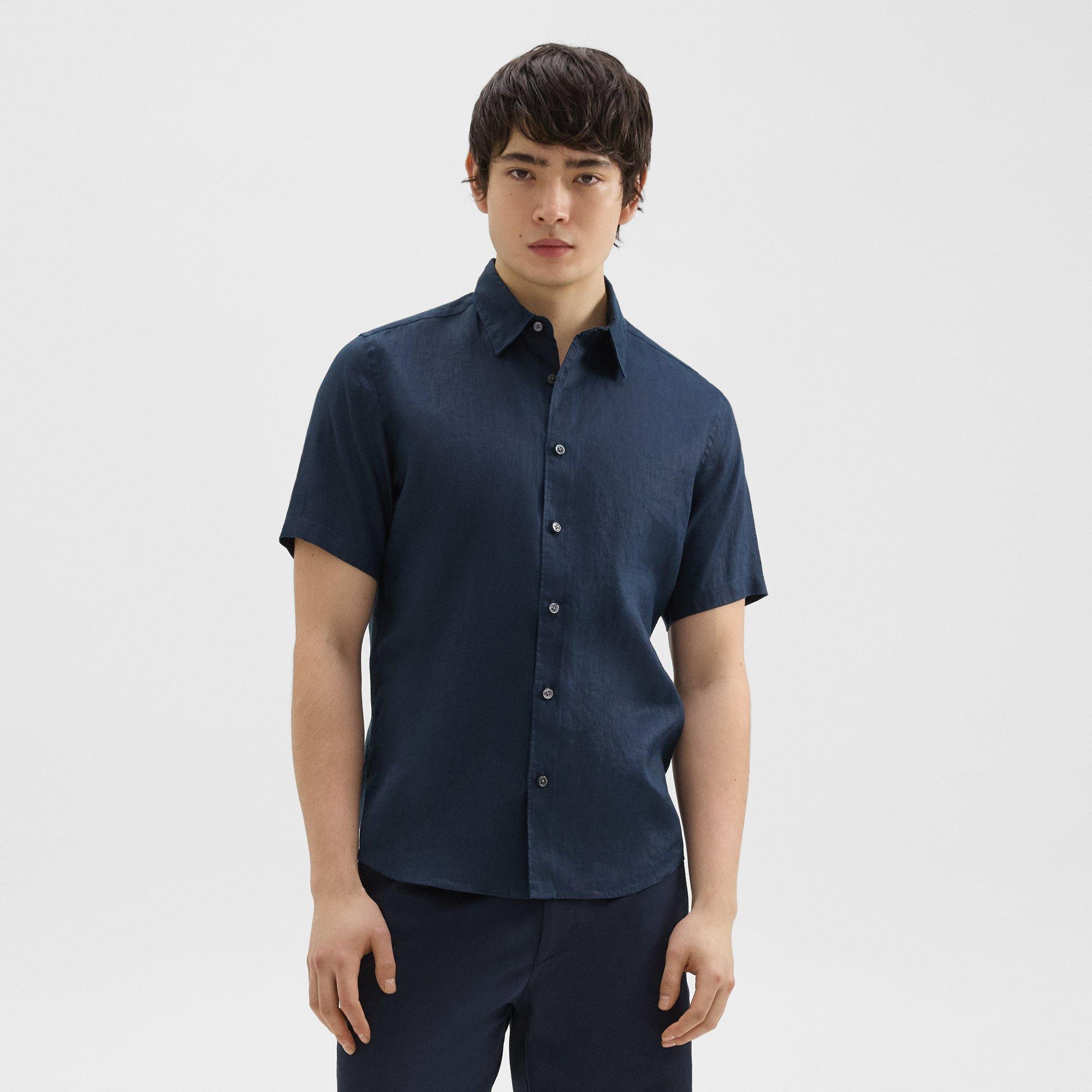 Shop Theory Irving Short-sleeve Shirt In Relaxed Linen In Baltic