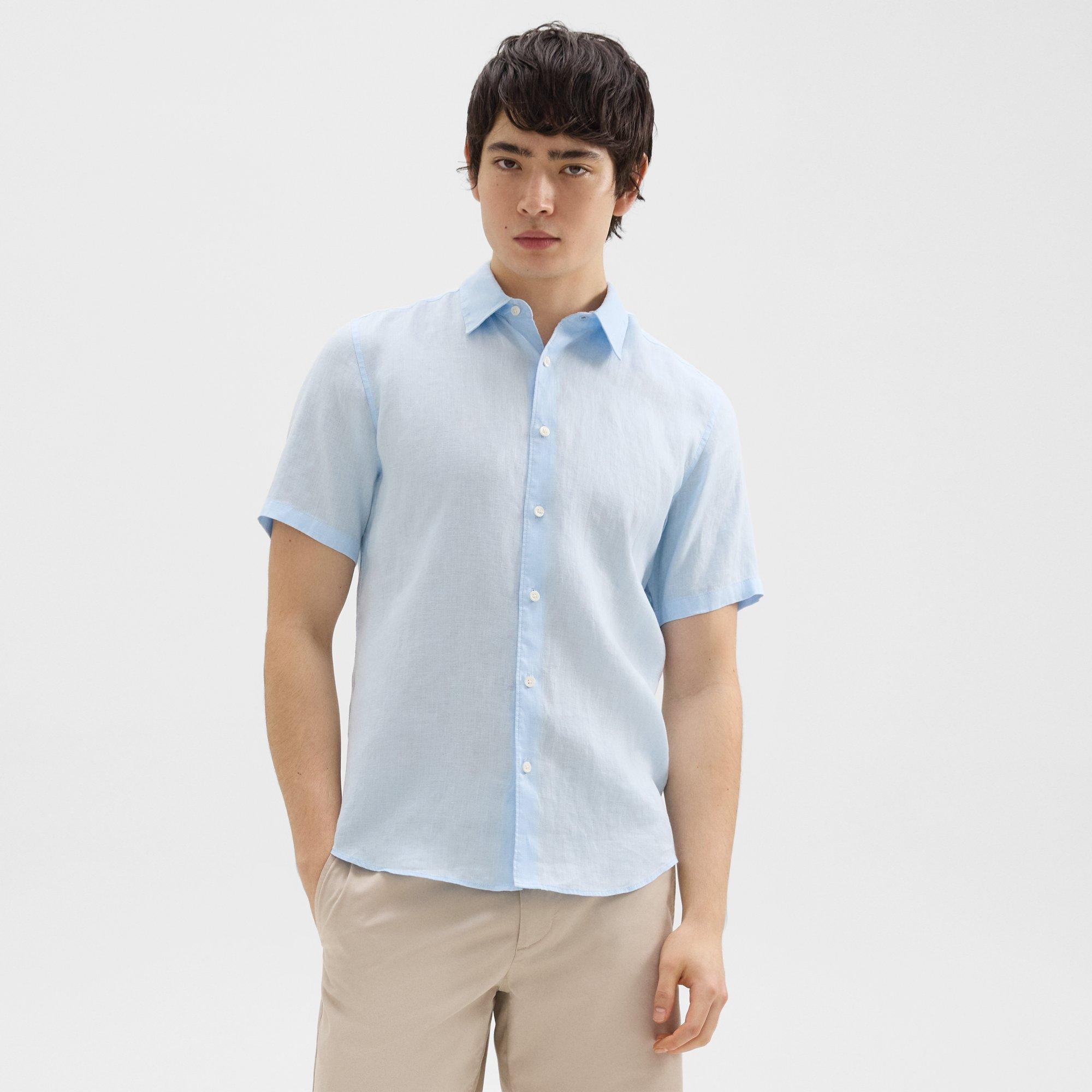 Shop Theory Irving Short-sleeve Shirt In Relaxed Linen In Skylight