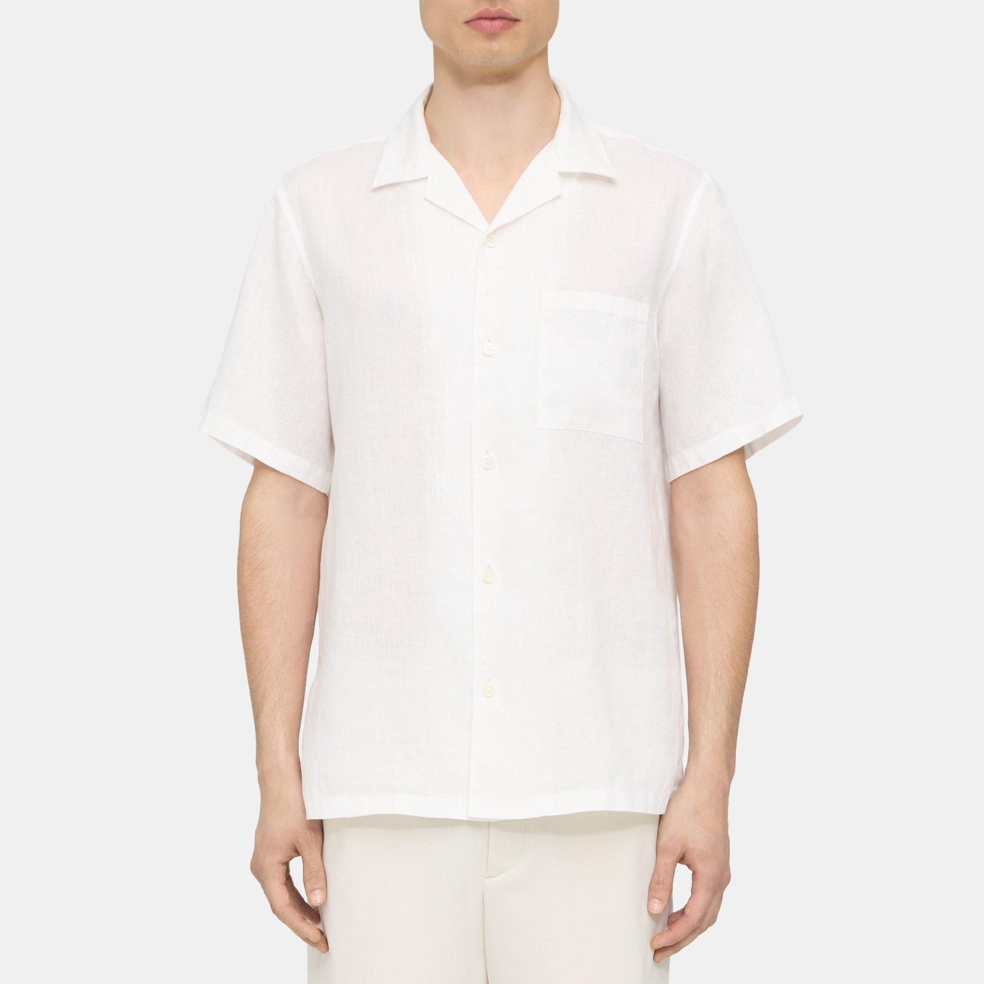 Theory Noll Short-sleeve Shirt In Relaxed Linen In Optic White