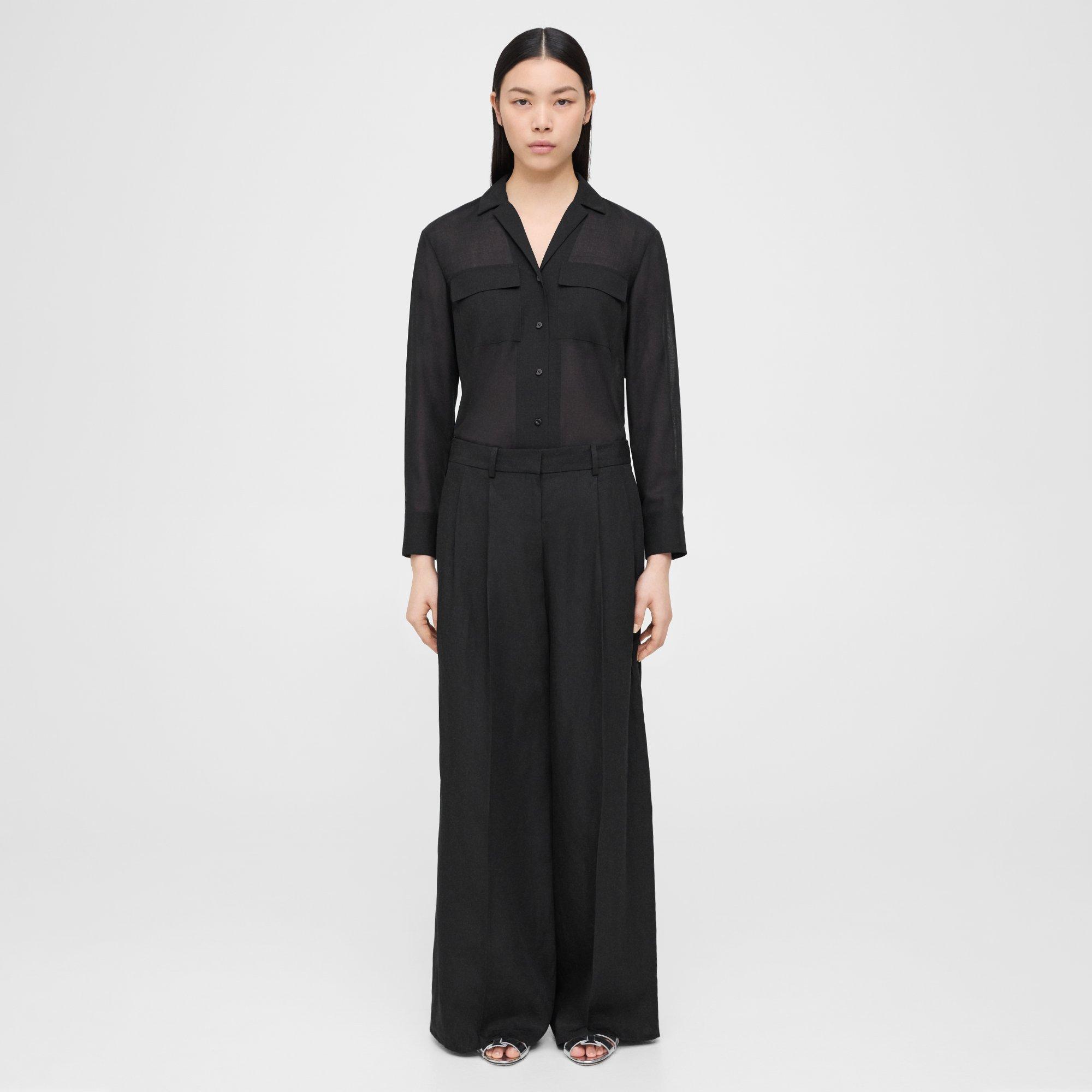 Theory Pleated Low-rise Pant In Galena Linen In Black