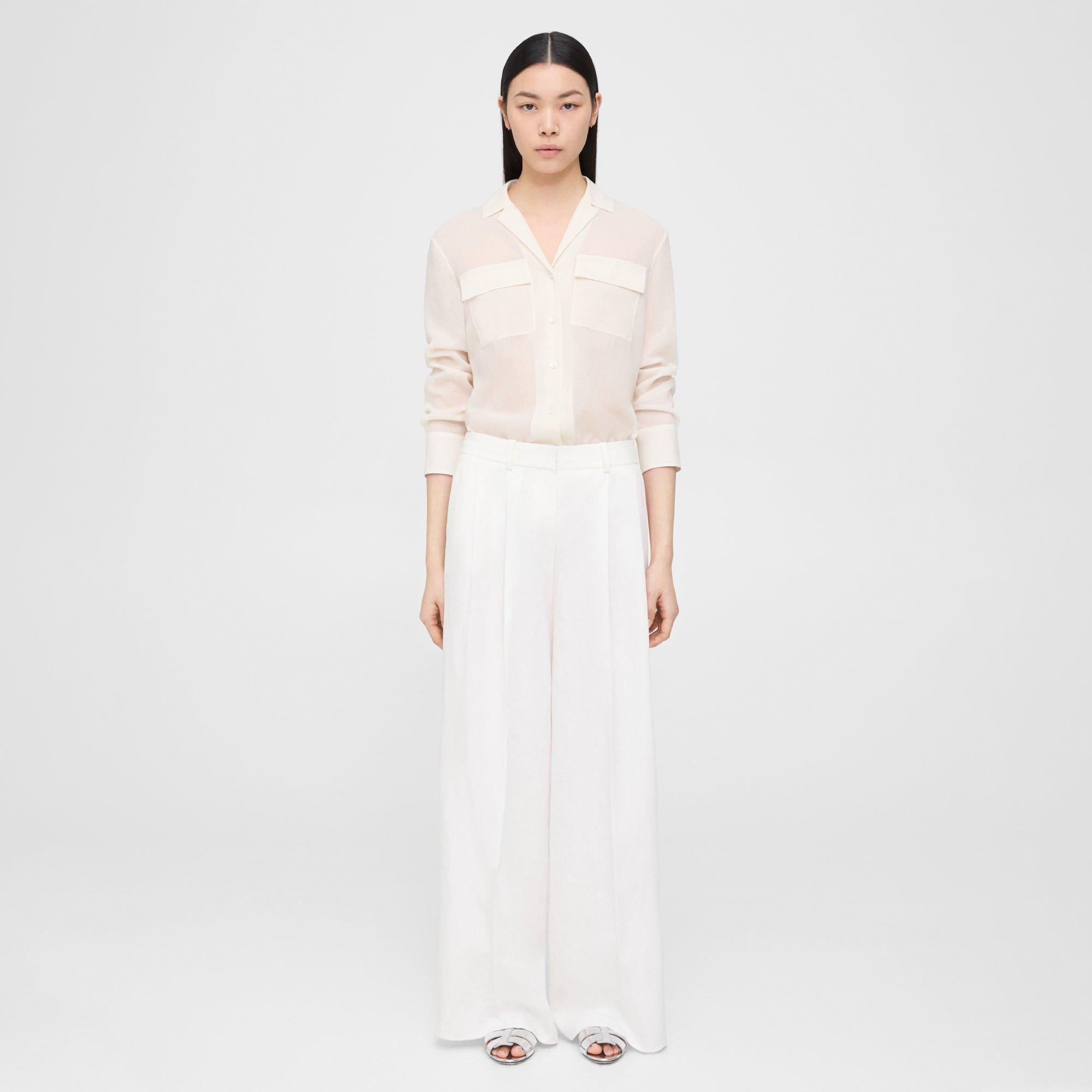 Theory Pleated Low-rise Pant In Galena Linen In White