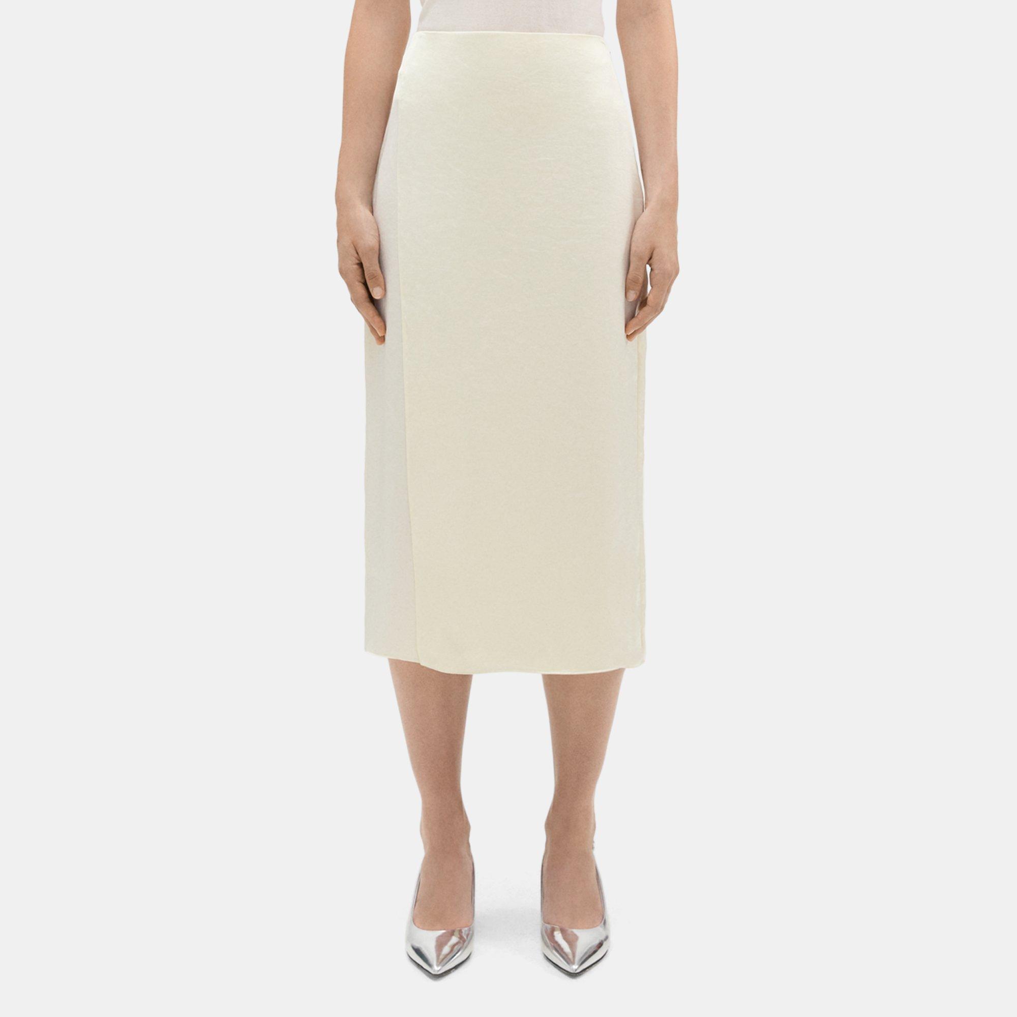 Theory Wrapped Midi Skirt In Crushed Satin In Rice